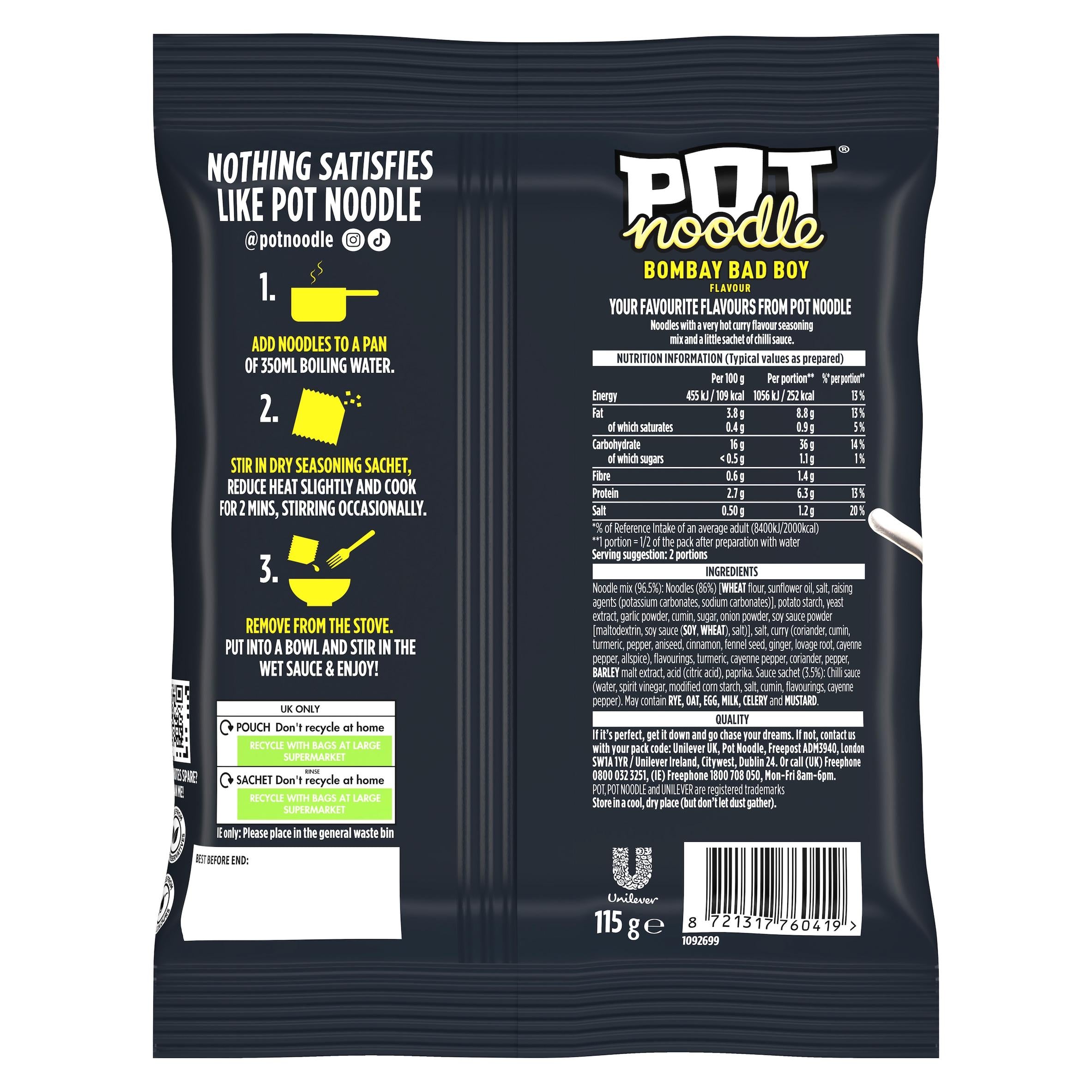 Pot Noodle Bombay Bad Boy instant block noodles 115g, UK version