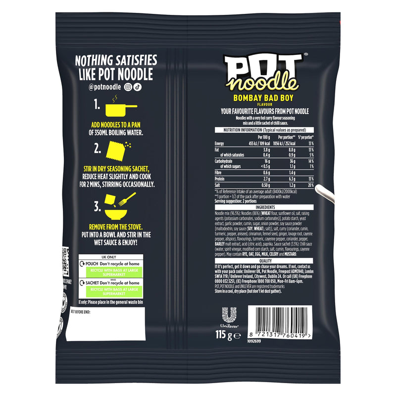 Pot Noodle Bombay Bad Boy instant block noodles 115g, UK version