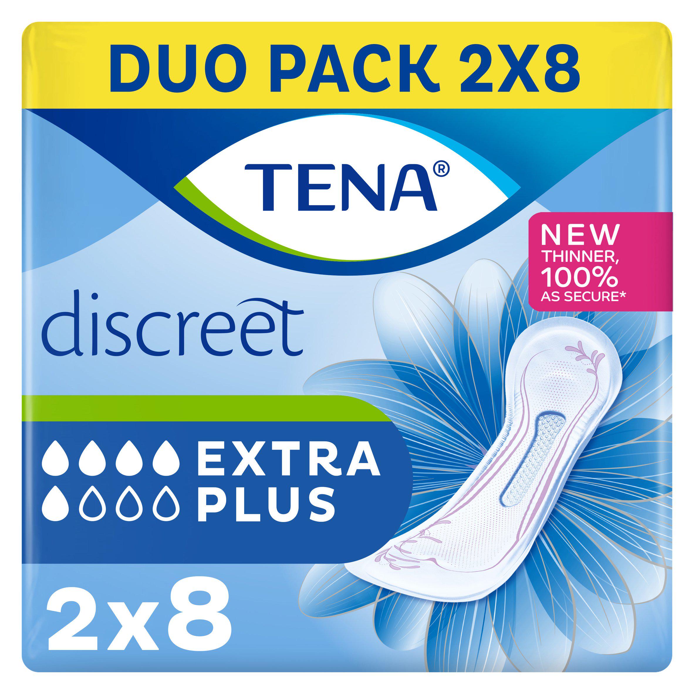 TENA Extra Plus incontinence pads 16 count, imported from the UK