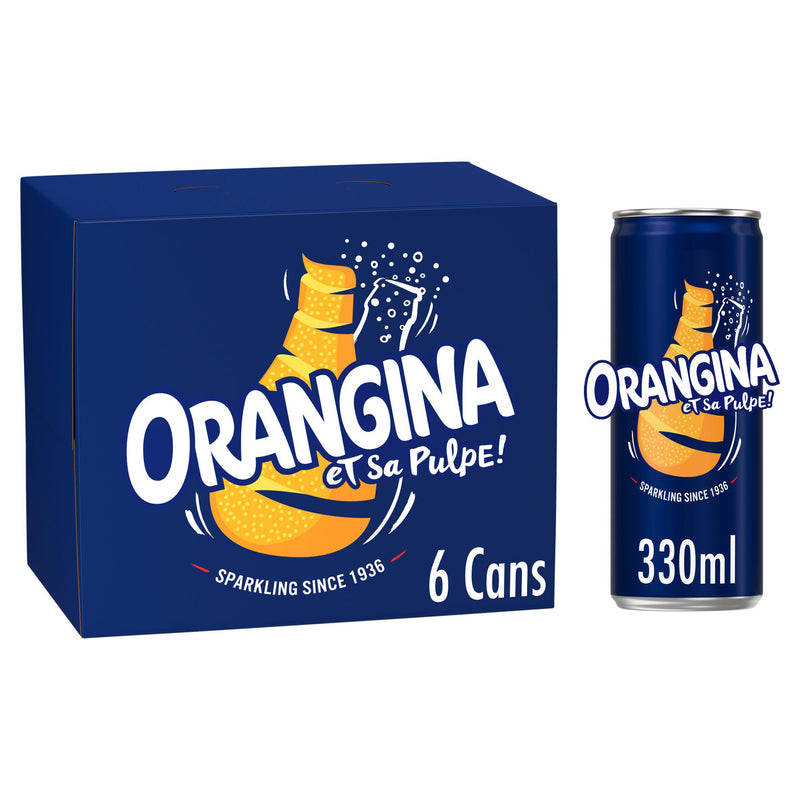 Orangina sparkling fruit drink 6 pack 330ml cans, UK version