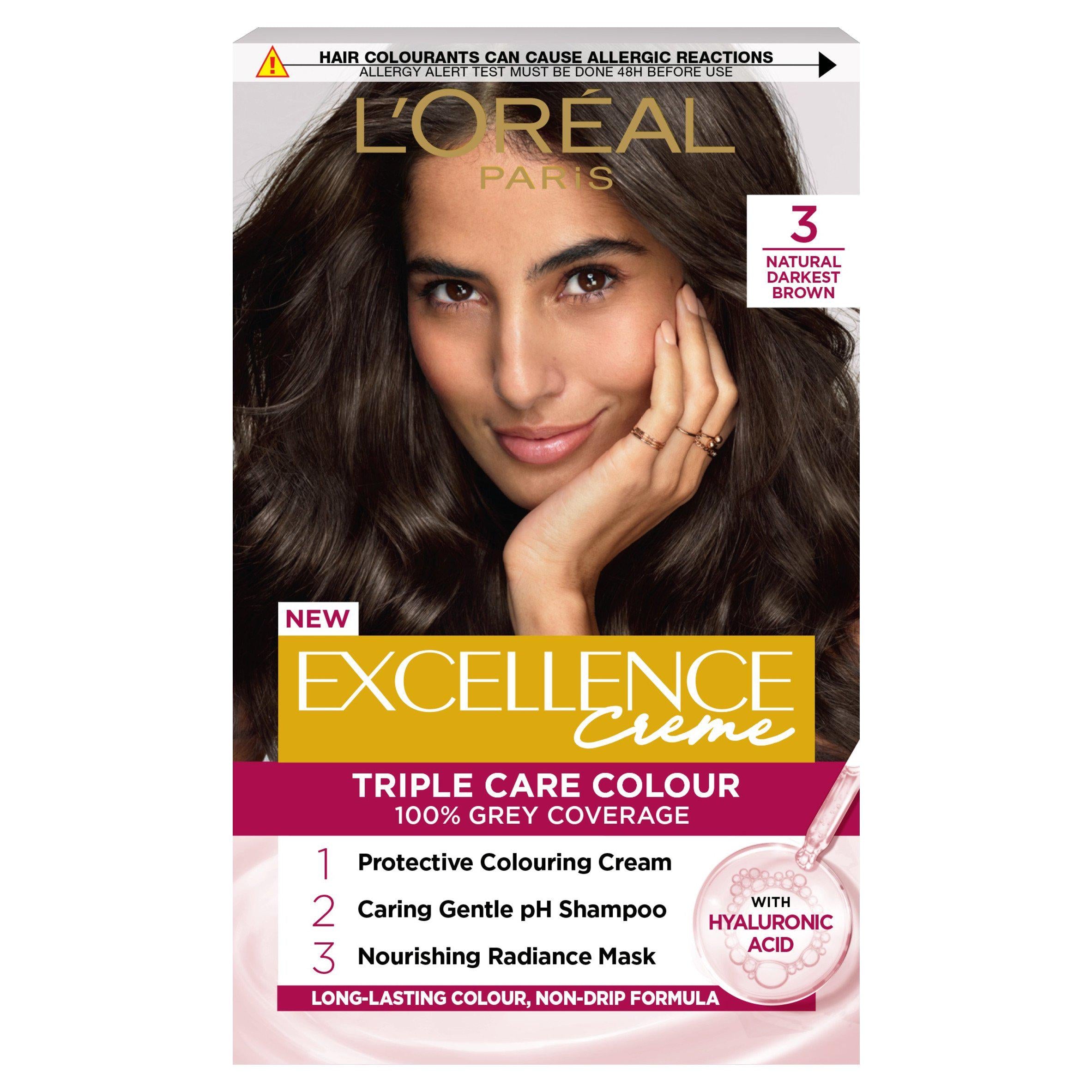 L'Oreal Excellence permanent hair dye Natural Darkest Brown 3 box, imported from the UK