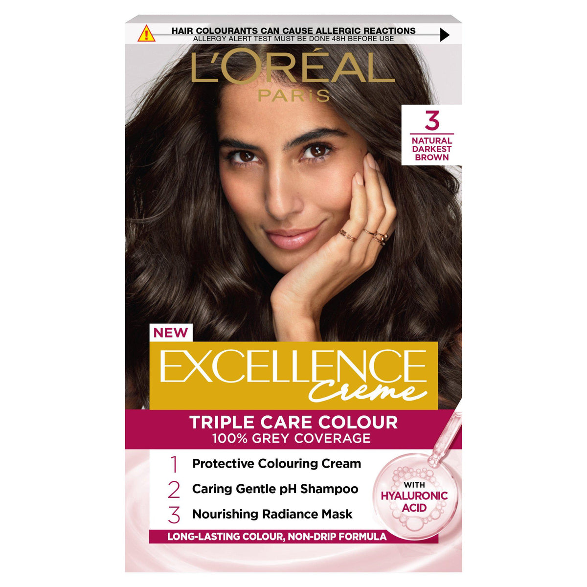 L'Oreal Excellence permanent hair dye Natural Darkest Brown 3 box, imported from the UK