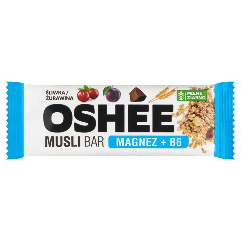 Oshee muesli bar plum and cranberry 40g, imported from the UK