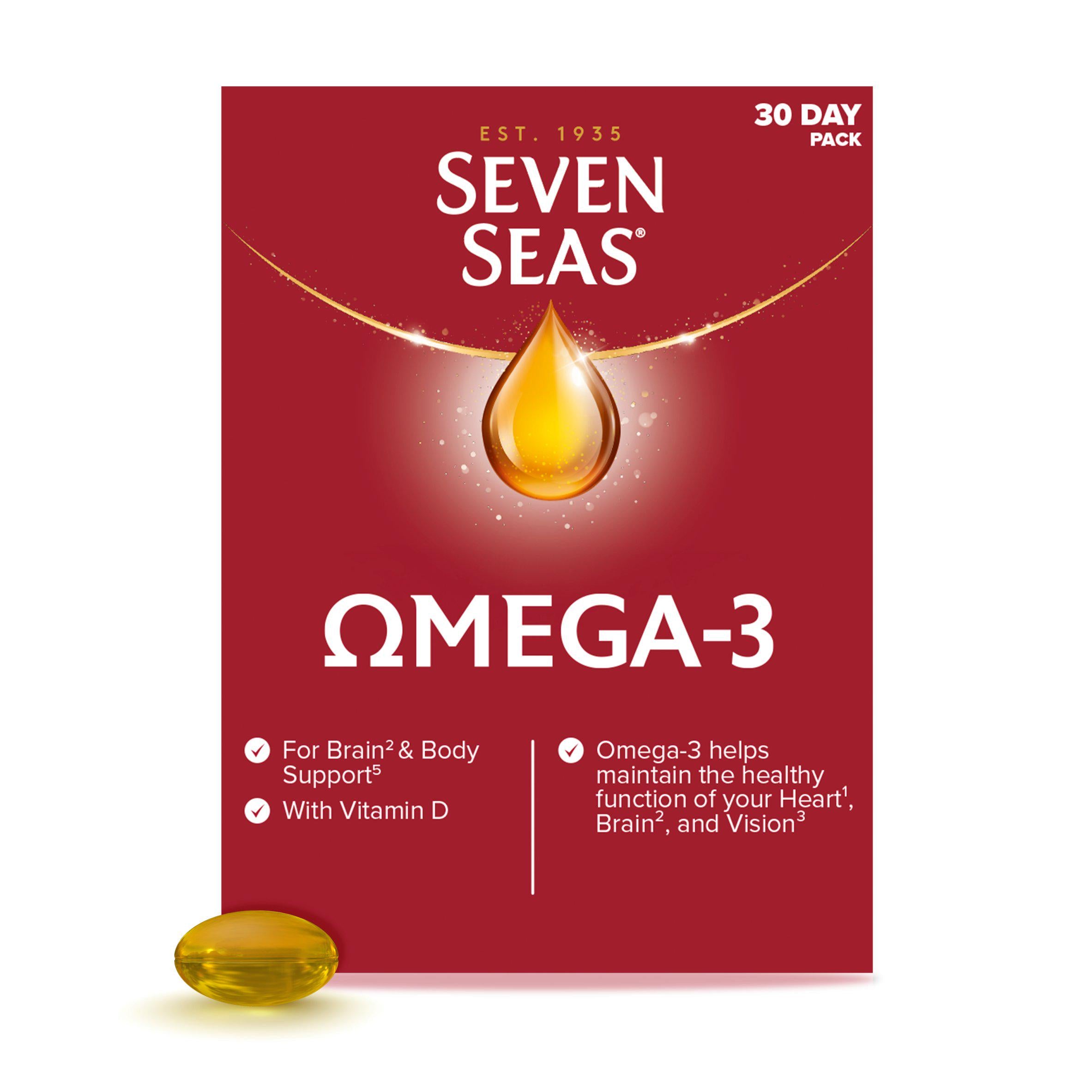 Seven Seas Omega-3 Fish Oil capsules with Vitamin D 30 count (British brand)