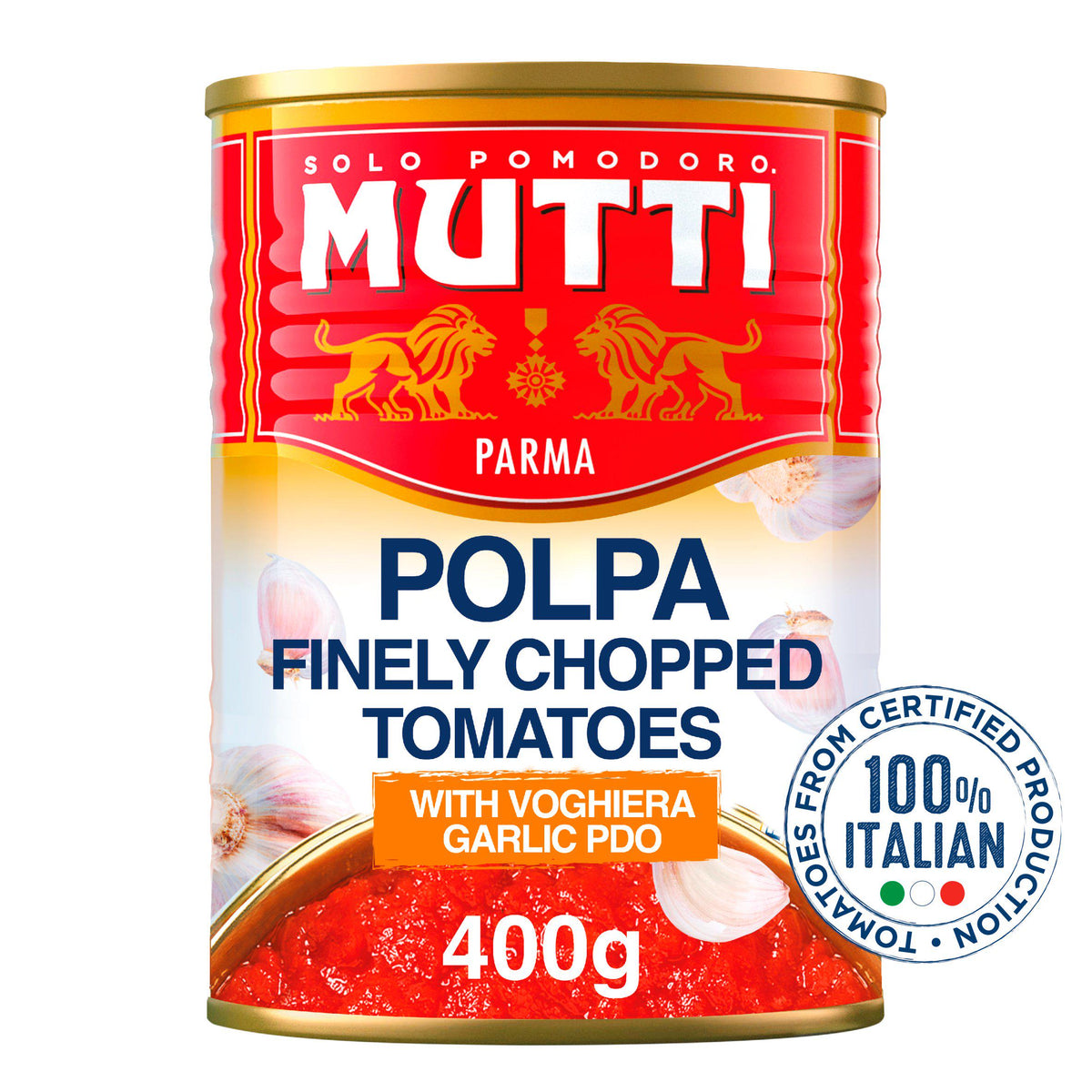 Mutti chopped tomatoes with garlic 400g, imported from the UK