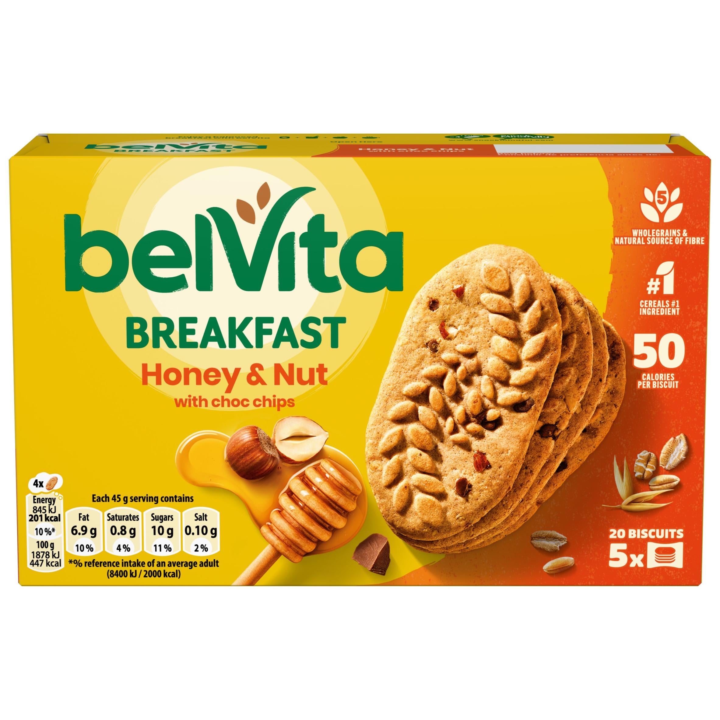Belvita cereal bars Honey & Nut Chocolate Chips 5x45g, imported from the UK