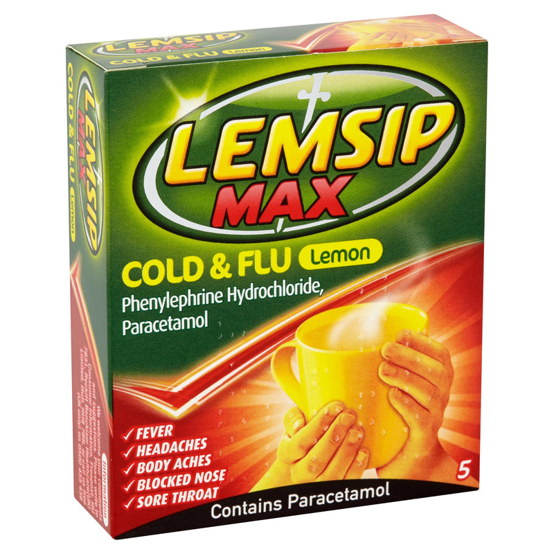 Lemsip Max cold flu lemon sachets 5 pack, imported from the UK