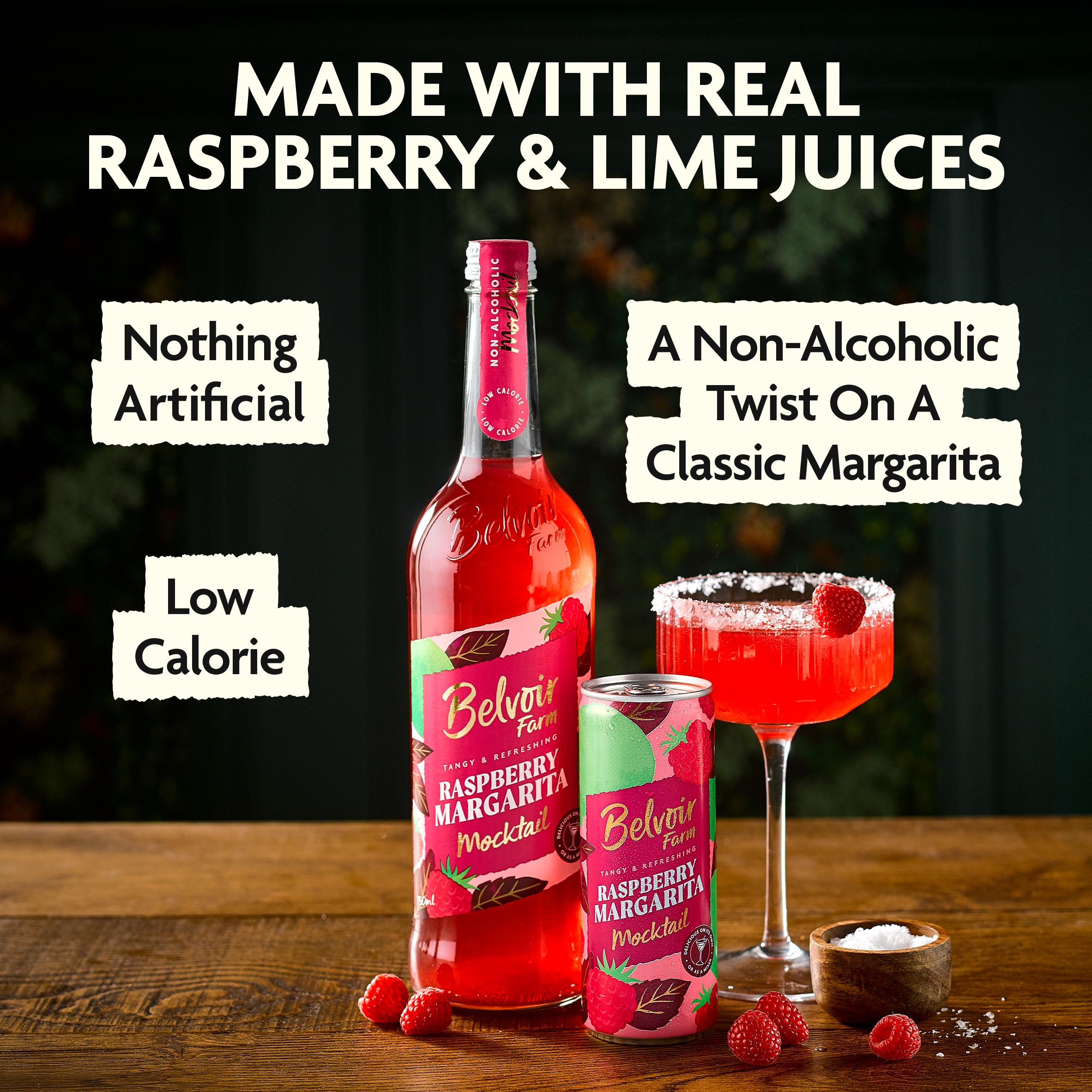 Belvoir Farm non-alcoholic raspberry margarita mocktail, imported from the UK