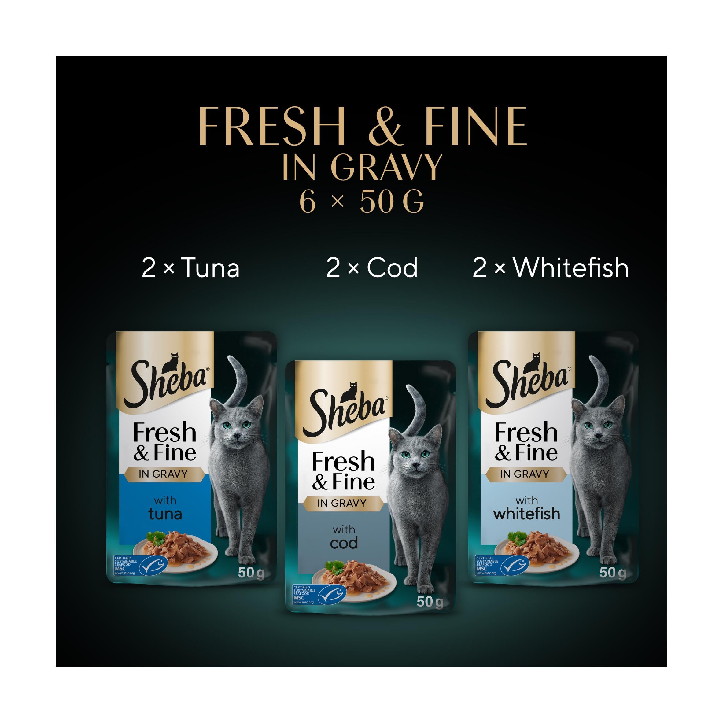 Sheba cat food pouches Tuna Cod gravy 6x50g, UK version