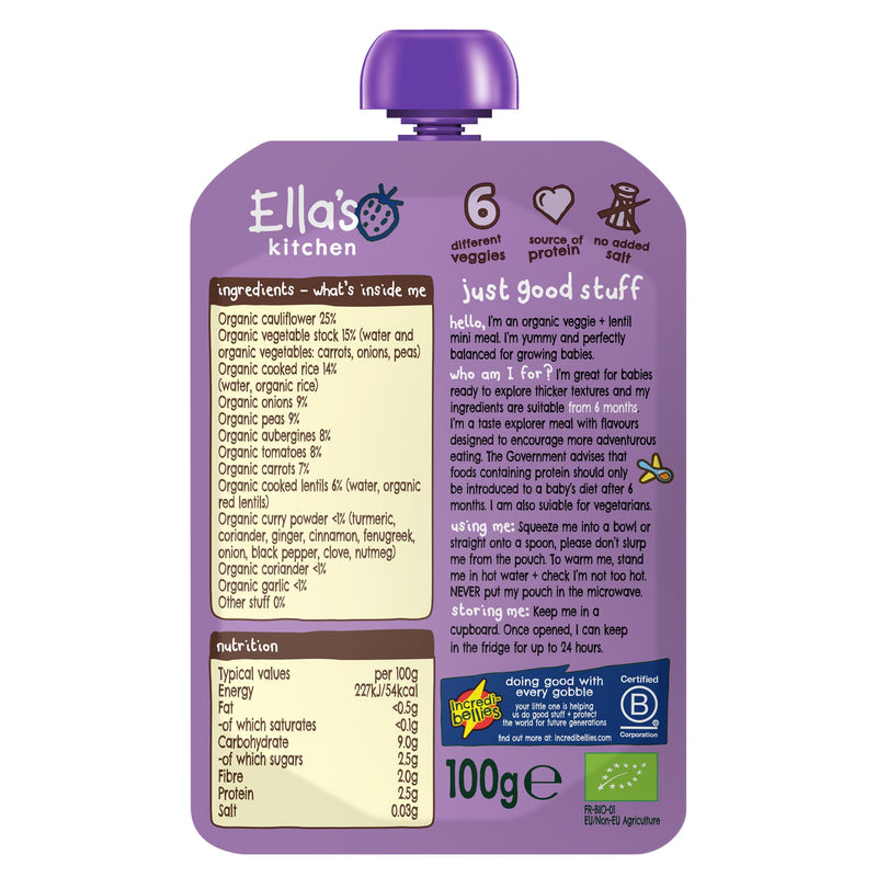 Ella's Kitchen organic veggie dahl baby food pouch 100g, imported from the UK
