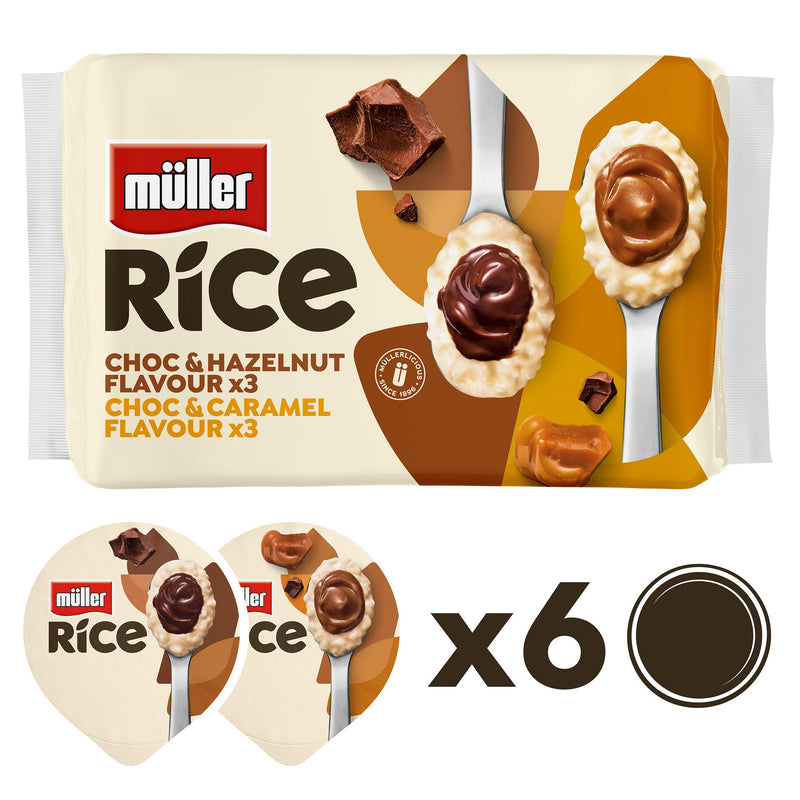 Müller rice pudding chocolate hazelnut caramel multipack, imported from the UK