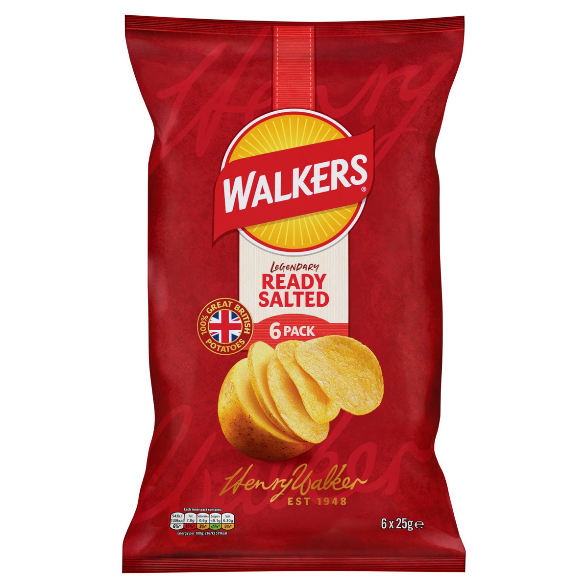 Walkers Ready Salted crisps multipack 6x25g, imported from the UK