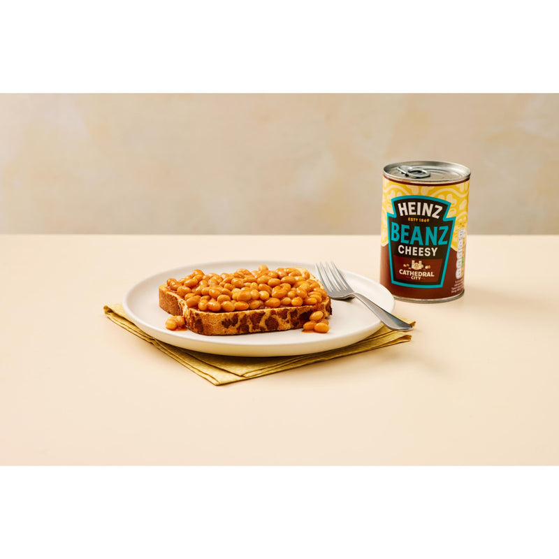 Heinz cheesy baked beans with Cathedral City cheddar 390g, imported from the UK