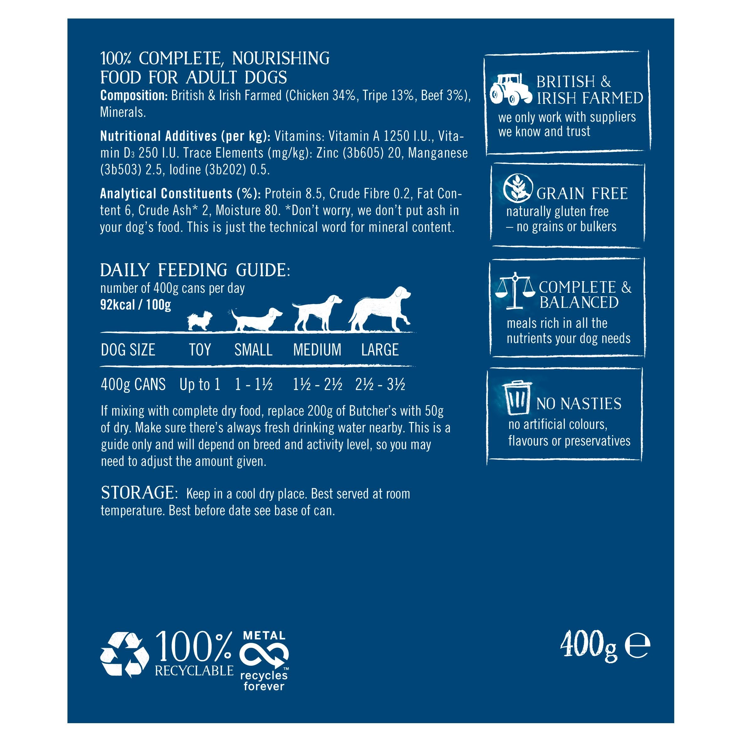 Butcher's tripe wet dog food 400g can, imported from the UK