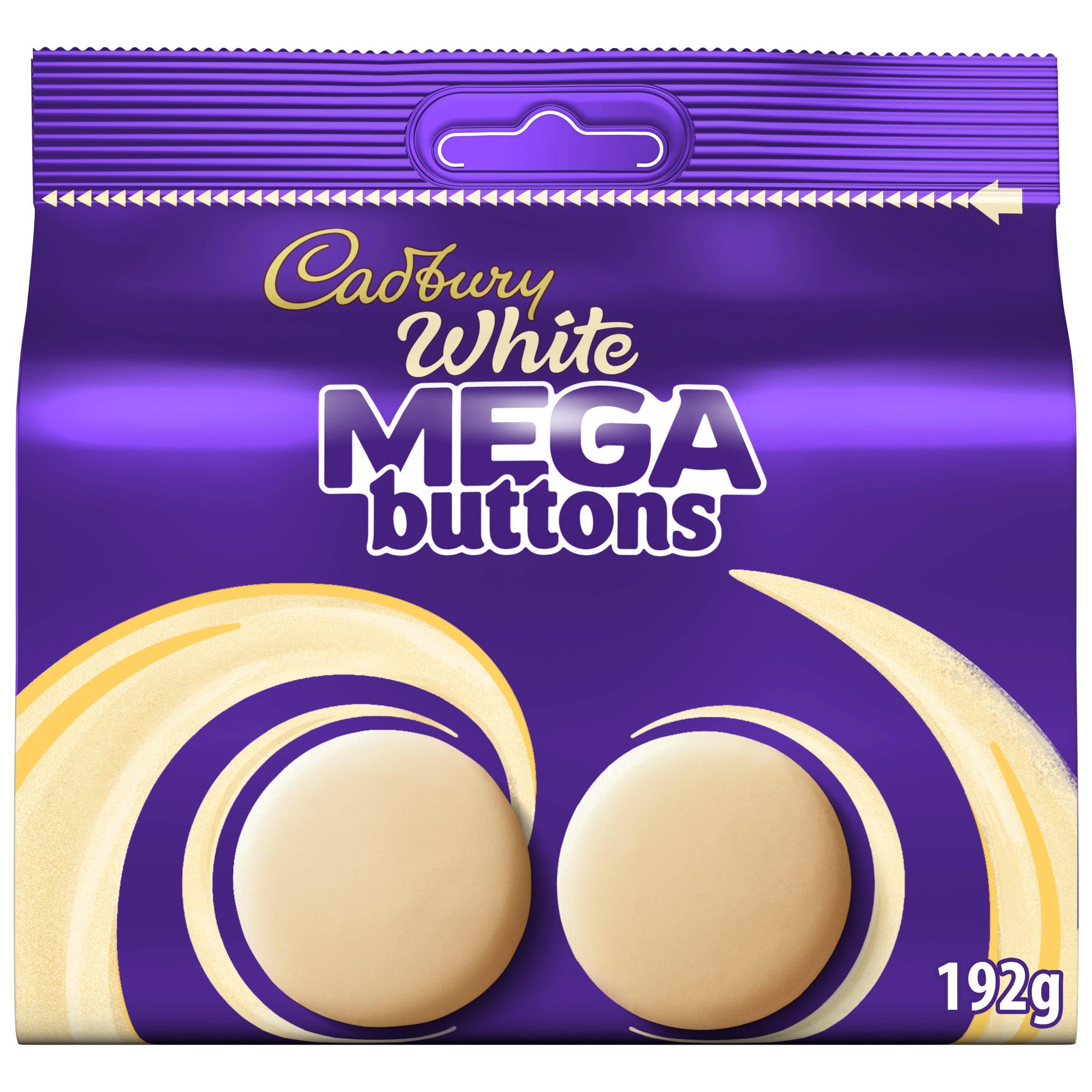 Cadbury white chocolate Mega Buttons 192g, imported from the UK