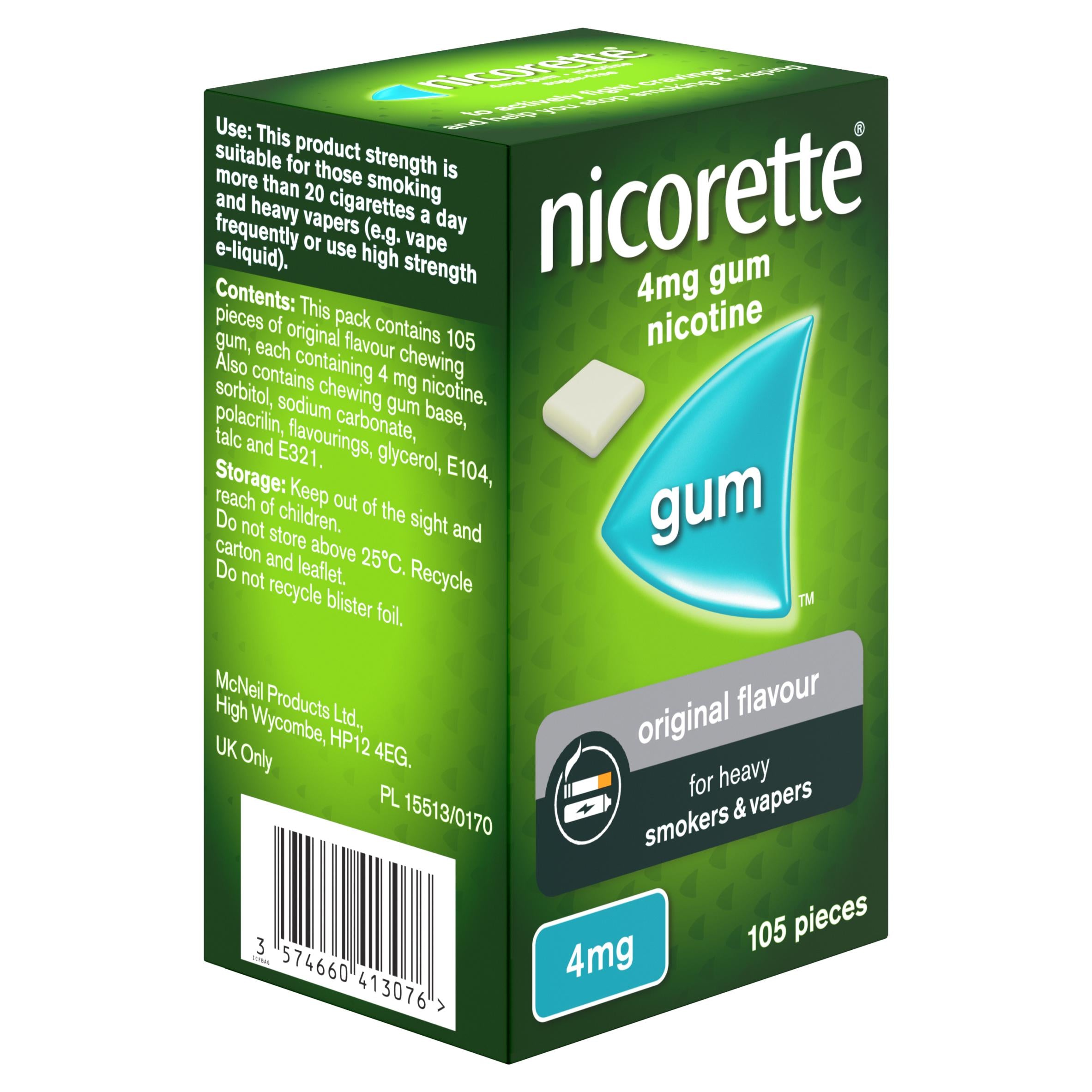 Nicorette sugar free nicotine gum 4mg 105 pieces, imported from the UK