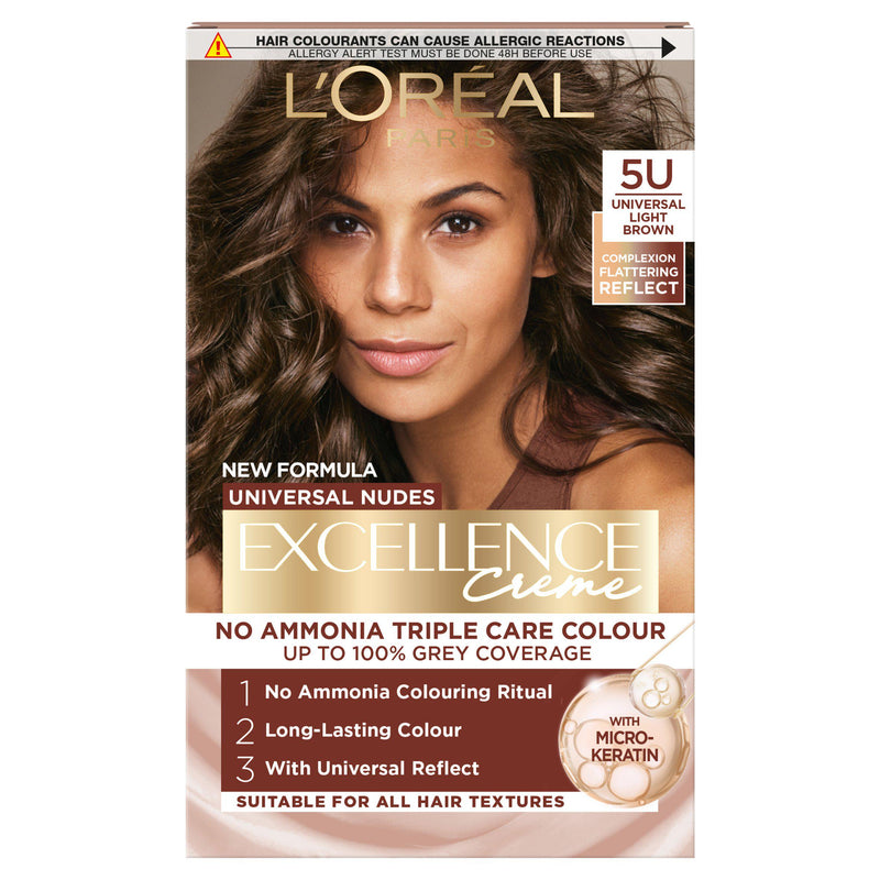 L'Oreal Excellence Universal Nudes light brown hair dye box, imported from the UK