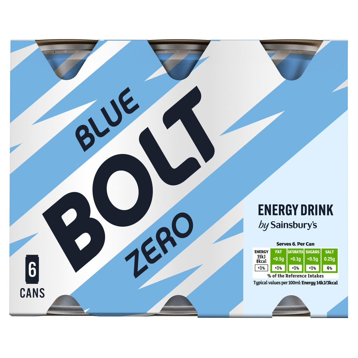 Sainsbury's Blue Bolt Zero energy drink 6x250ml, imported from the UK