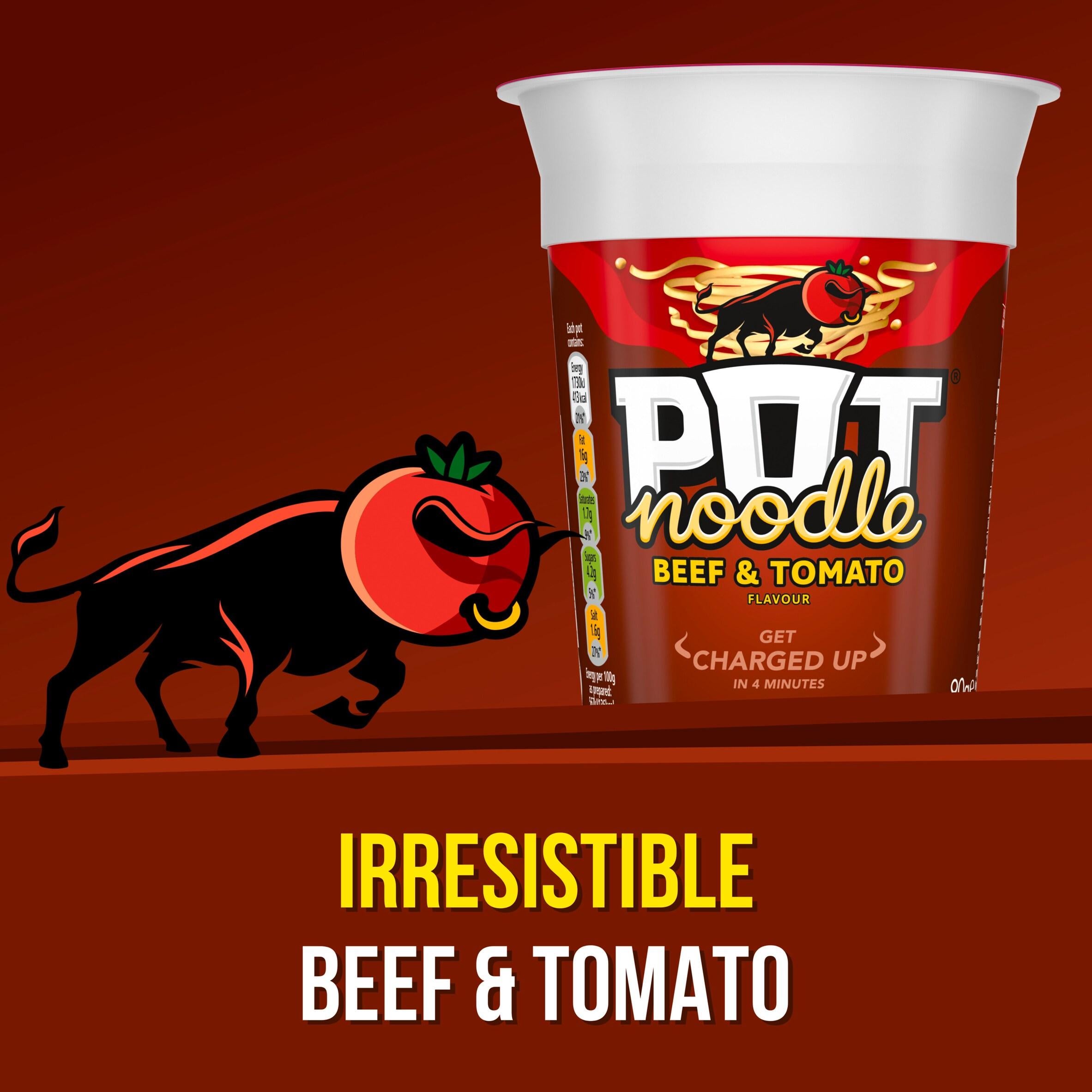 Pot Noodle Beef & Tomato instant noodles 90g, imported from the UK