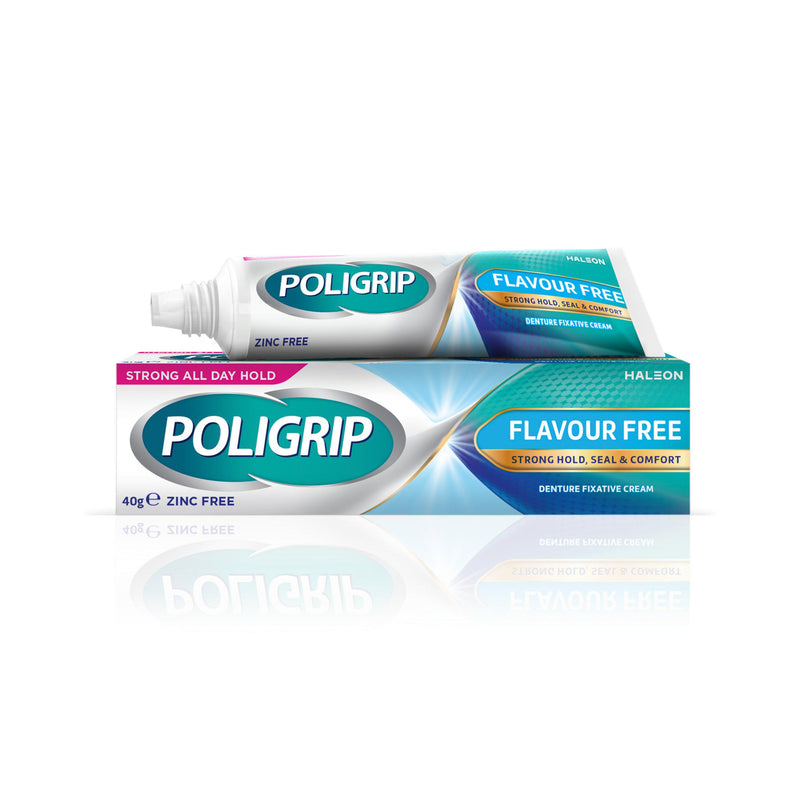 Poligrip denture fixative cream flavour free 40g (British brand)
