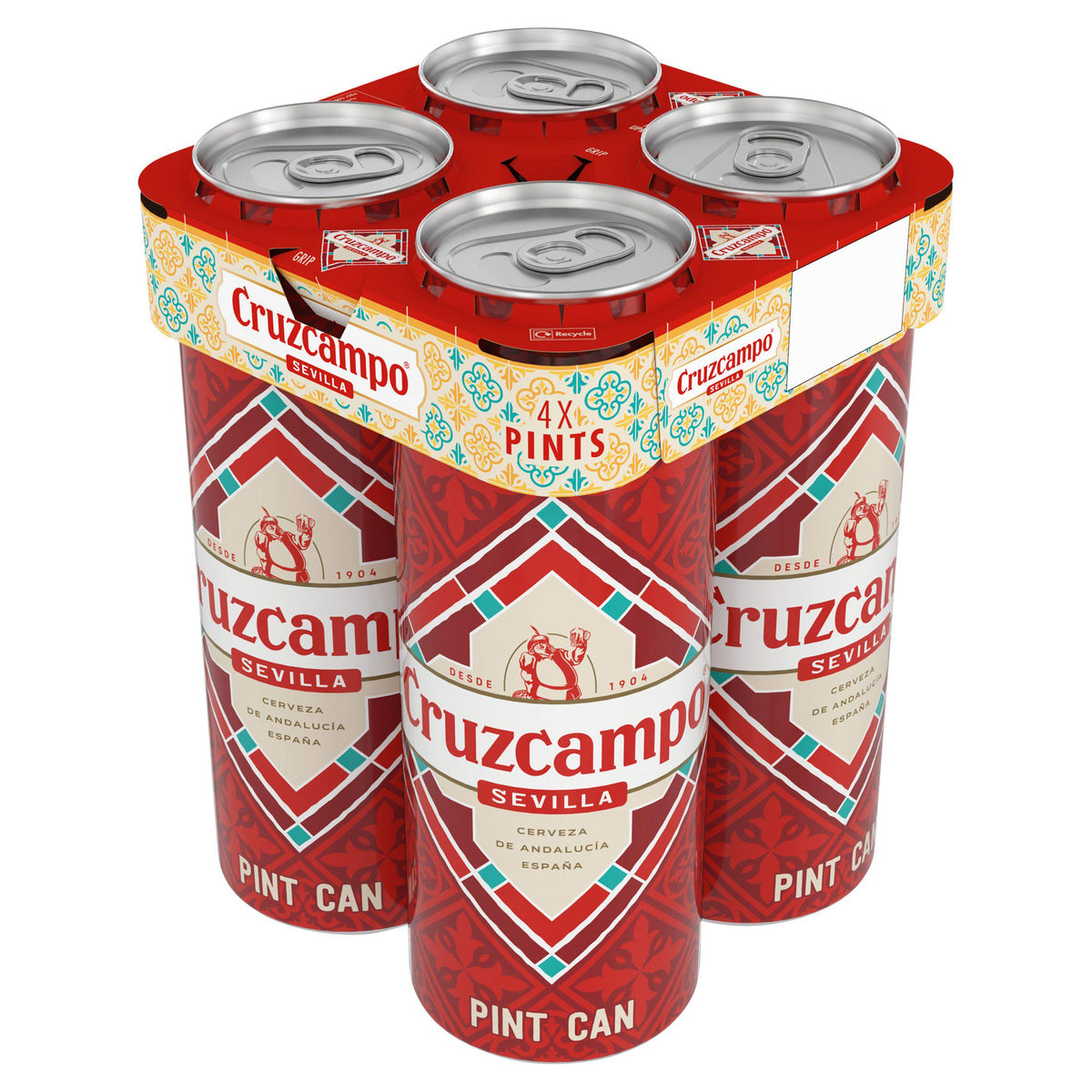 Cruzcampo Sevilla Lager beer 4.4% ABV pint cans (British brand)