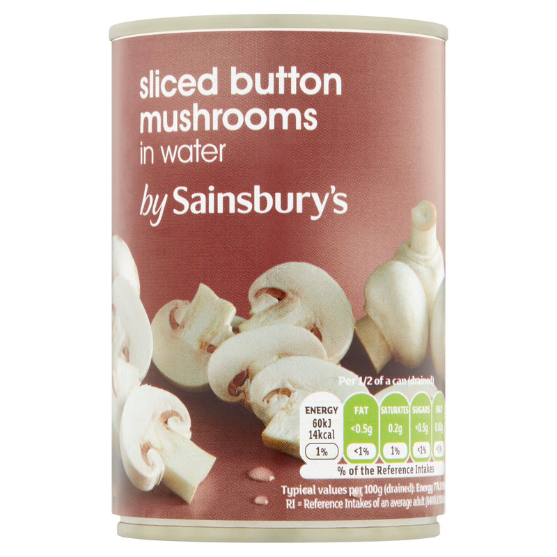 Sainsbury's sliced button mushrooms 290g can, imported from the UK