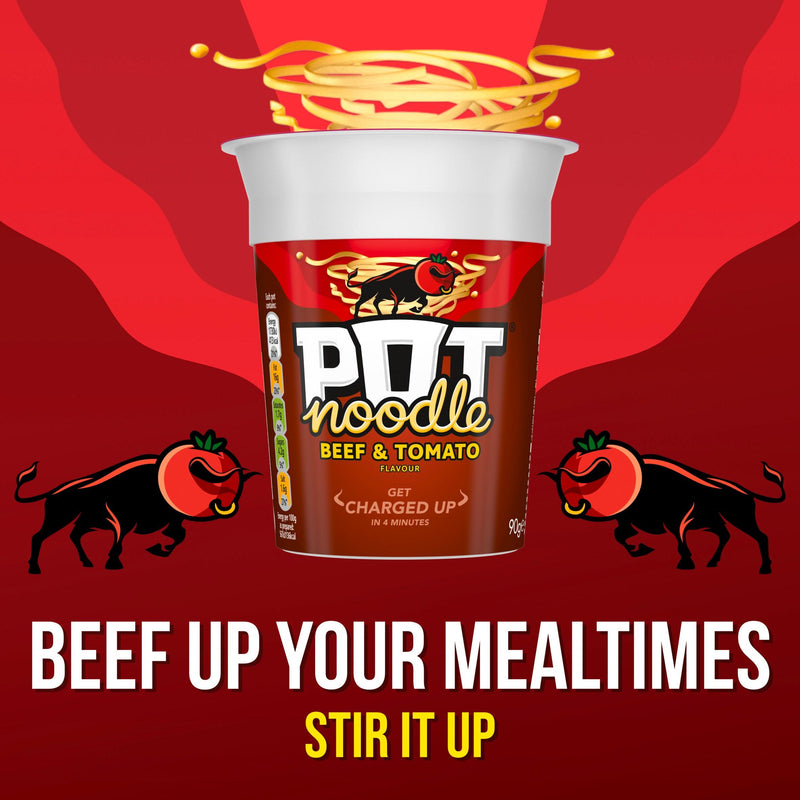 Pot Noodle Beef & Tomato instant noodles 90g, imported from the UK