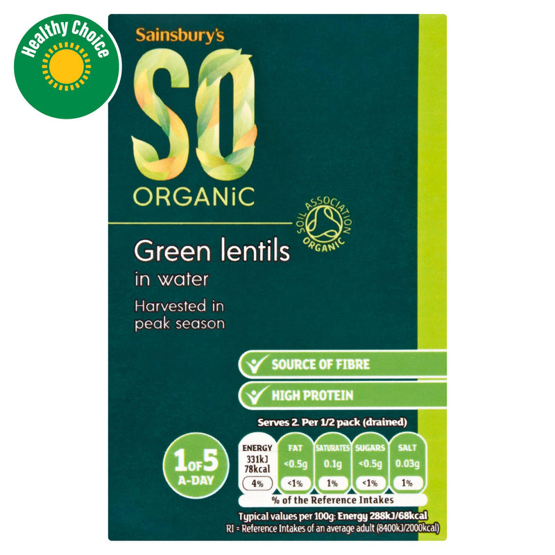 Sainsbury's organic green lentils in water 380g can (British brand)