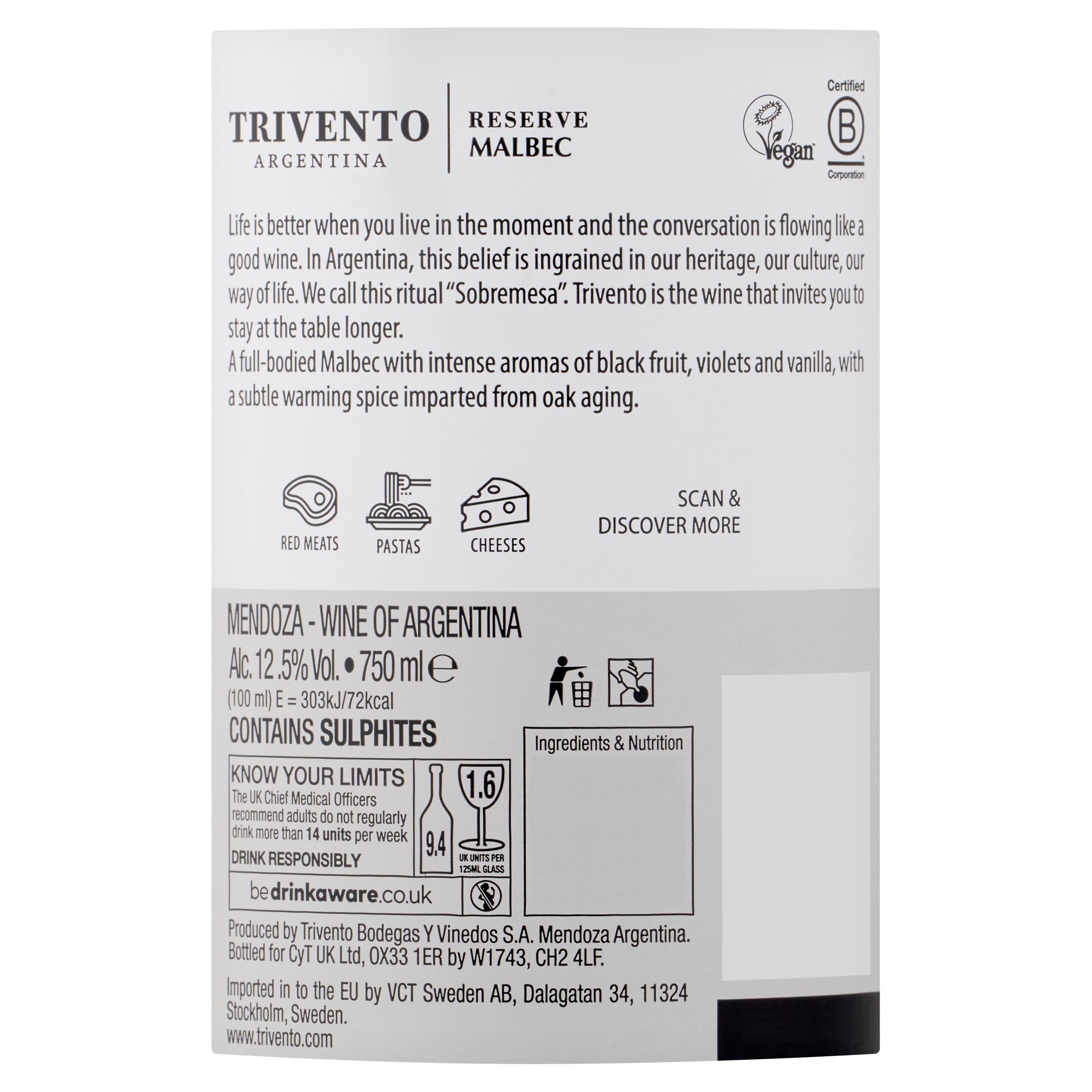 Trivento Malbec Reserve red wine 75cl, imported from the UK