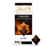 Lindt Excellence dark chocolate bar caramel sea salt 100g, imported from the UK