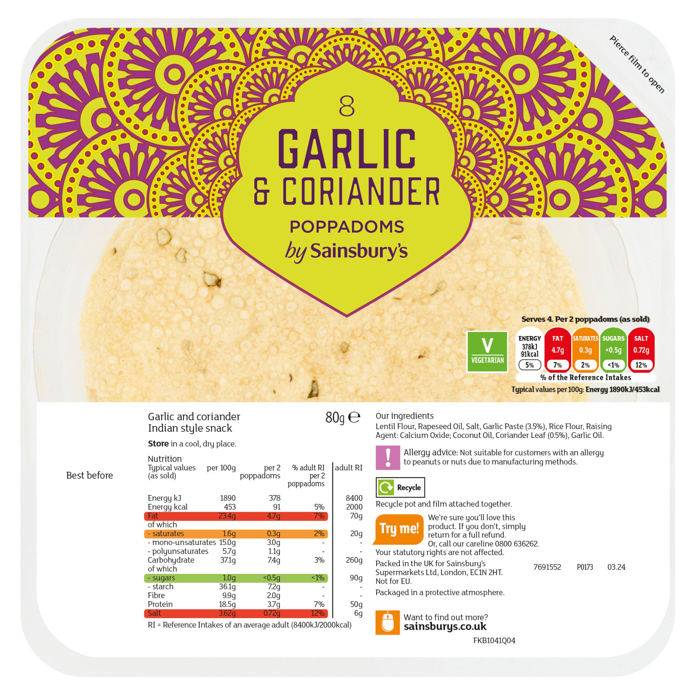 Sainsbury's garlic and coriander poppadoms 80g, UK version