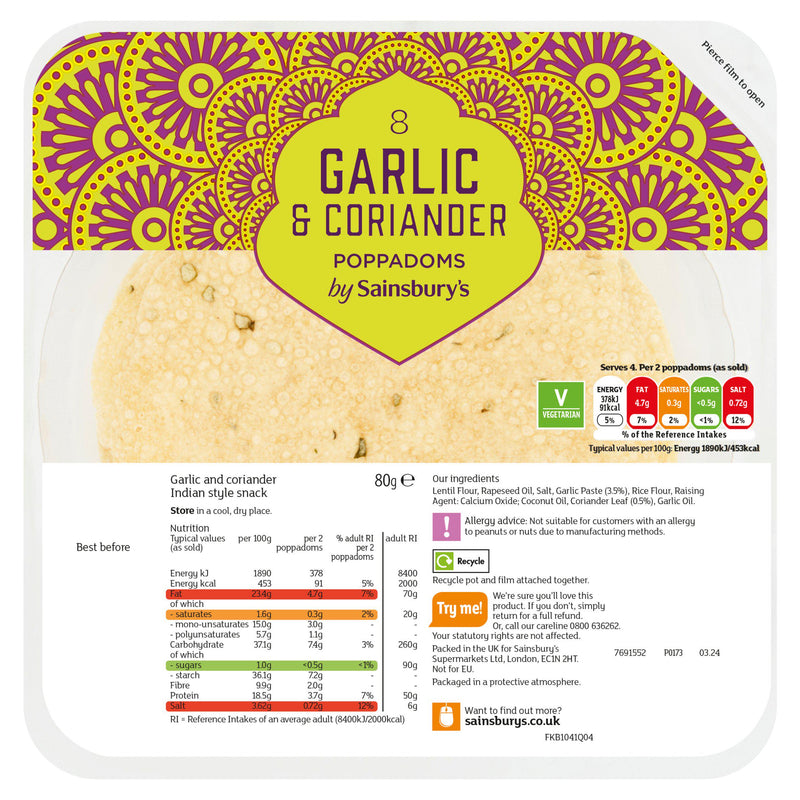 Sainsbury's garlic and coriander poppadoms 80g, UK version