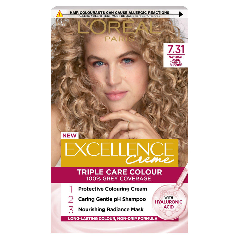 L'Oreal Excellence 7.31 Natural Dark Caramel Blonde permanent hair dye (British brand)