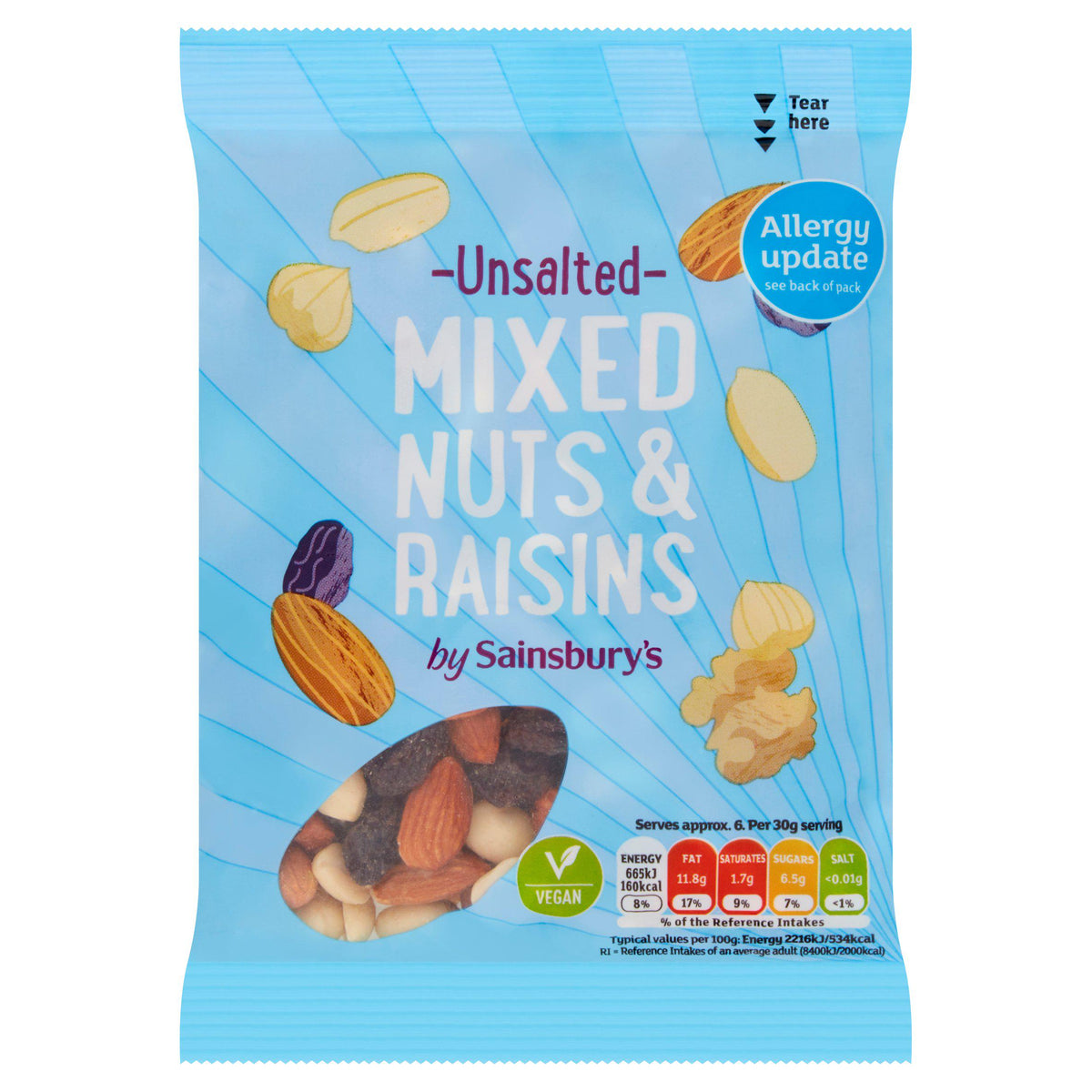 Sainsbury's unsalted mixed nuts and raisins 200g, UK version