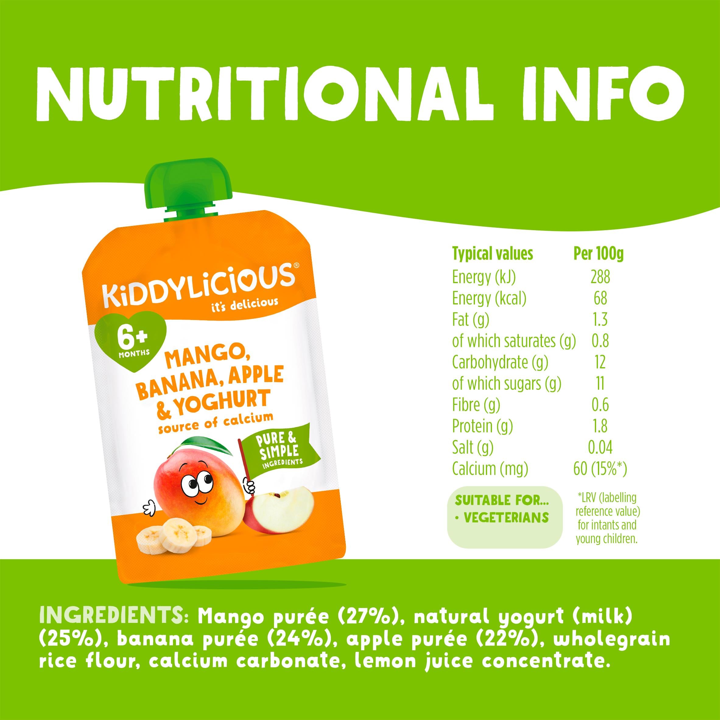Kiddylicious mango banana apple yoghurt pouch 100g (British brand)