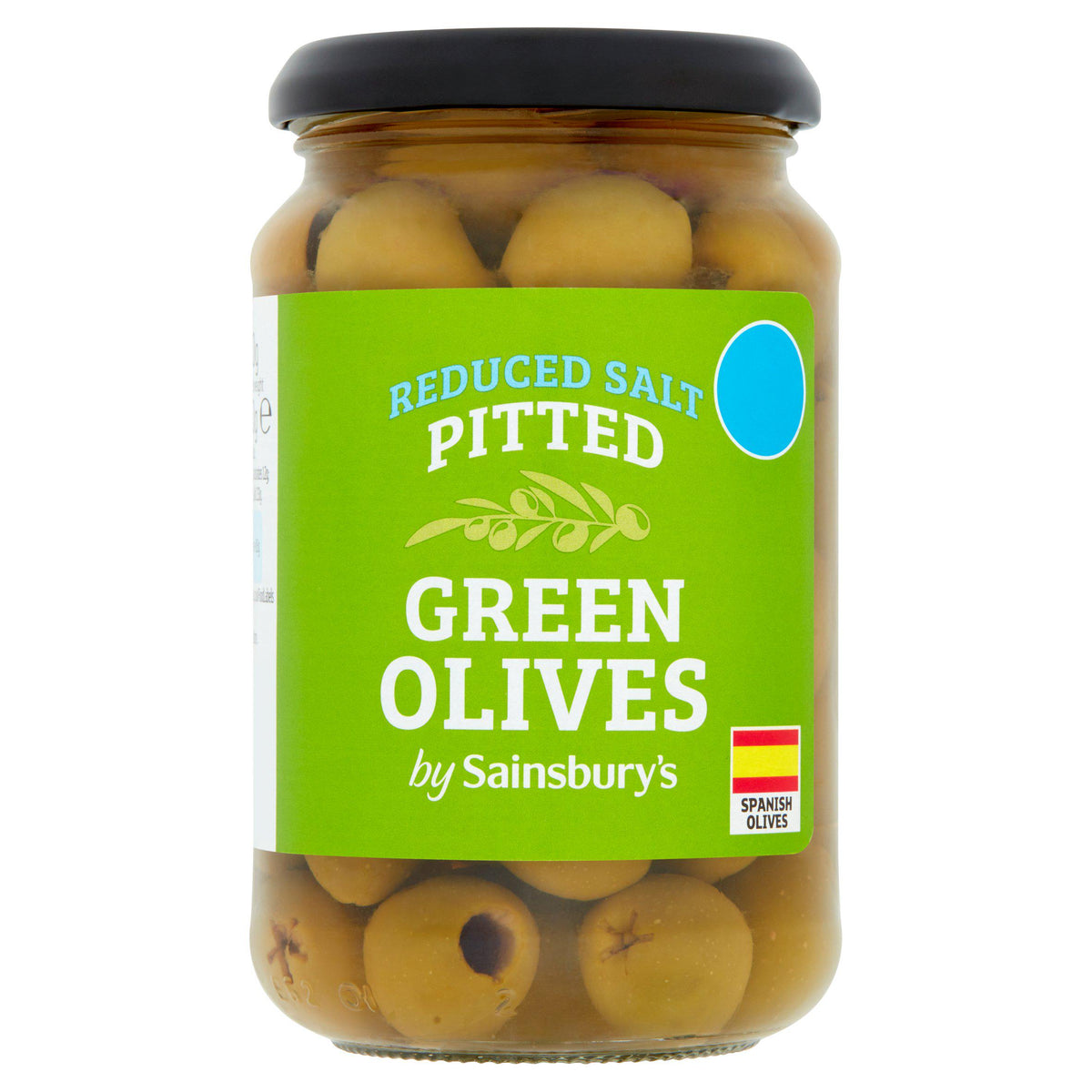 Sainsbury's reduced salt pitted green olives 340g, UK version