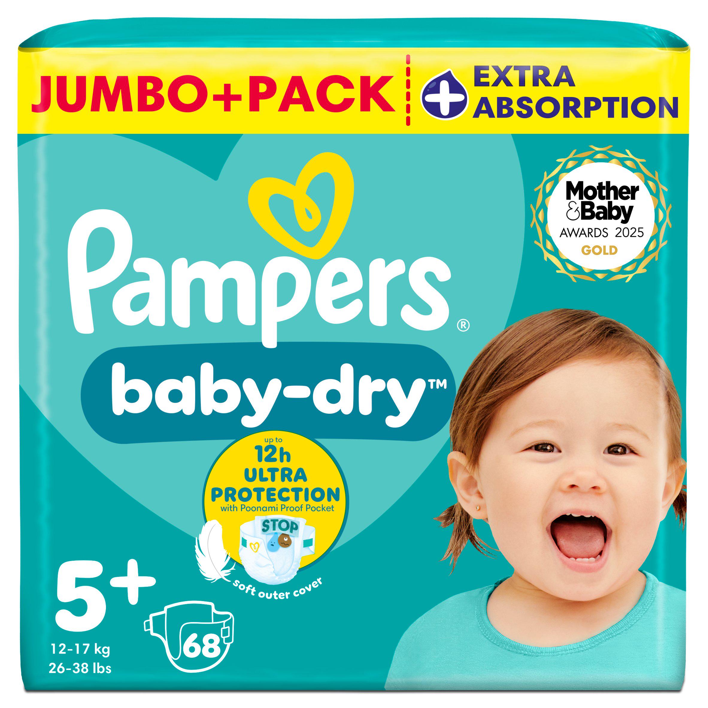 Pampers Baby Dry Jumbo+ nappies size 5+ 68 pack, UK version
