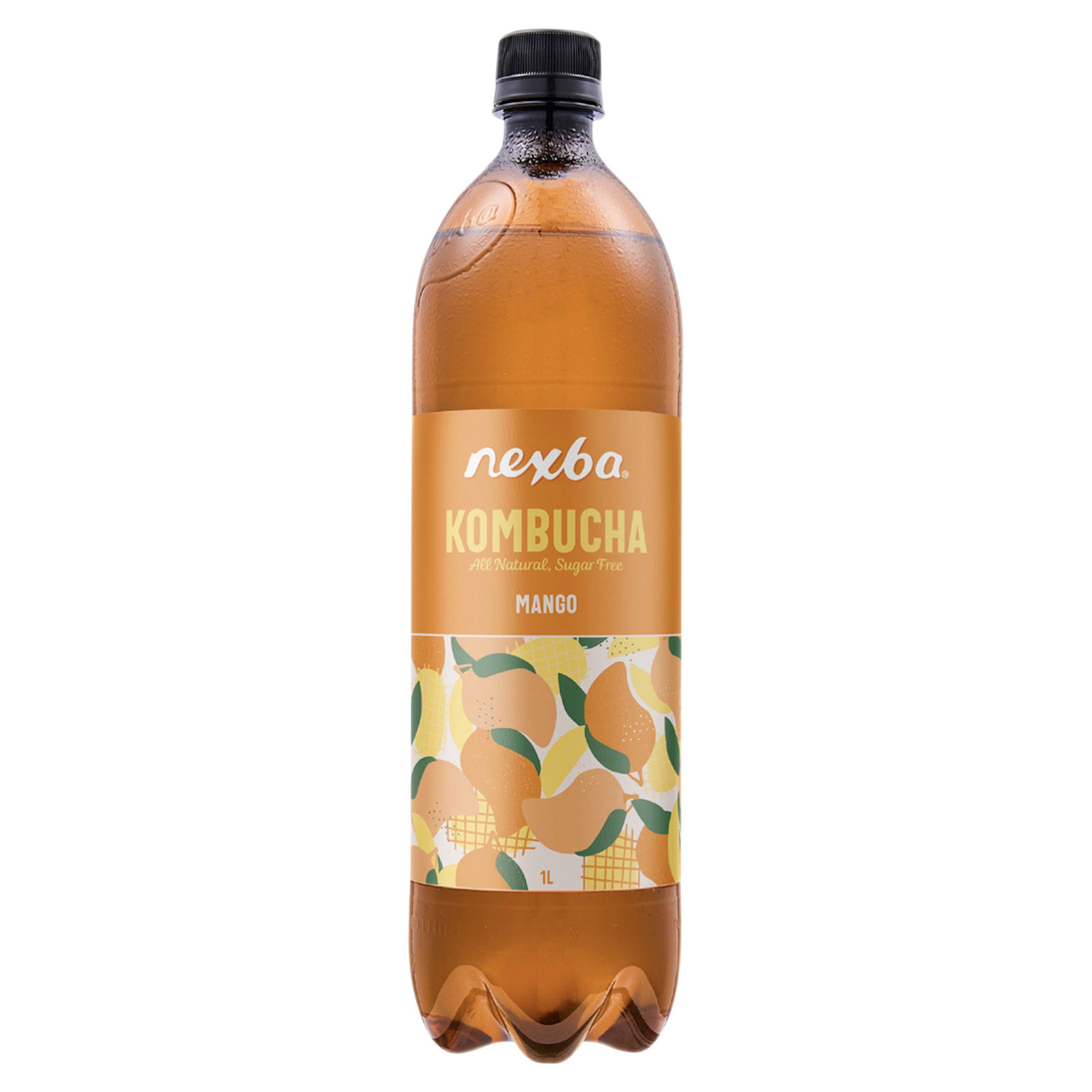 Nexba Kombucha Mango 1L beverage, imported from the UK