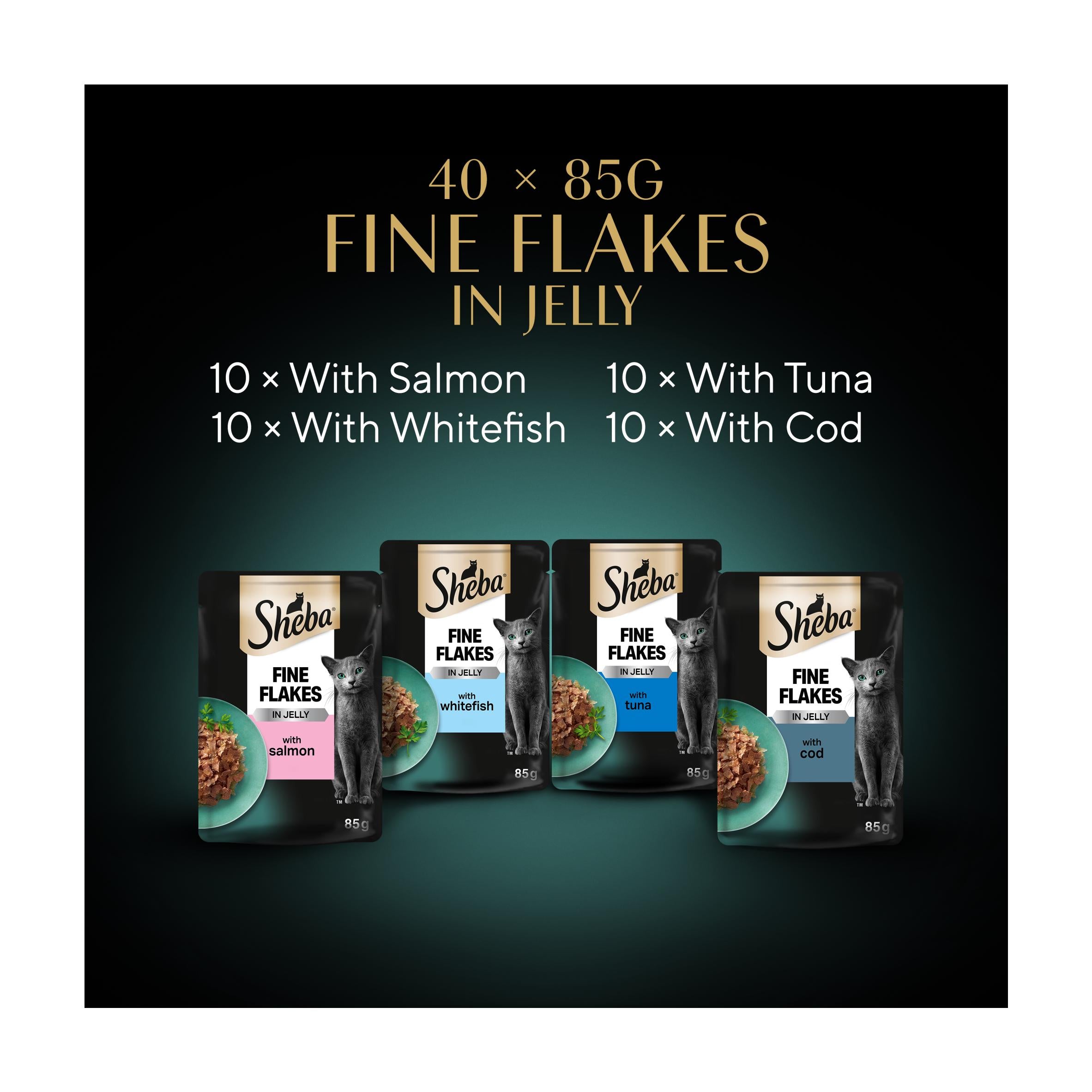 Sheba Fine Flakes fish in jelly cat food pouches 40x85g, imported from the UK