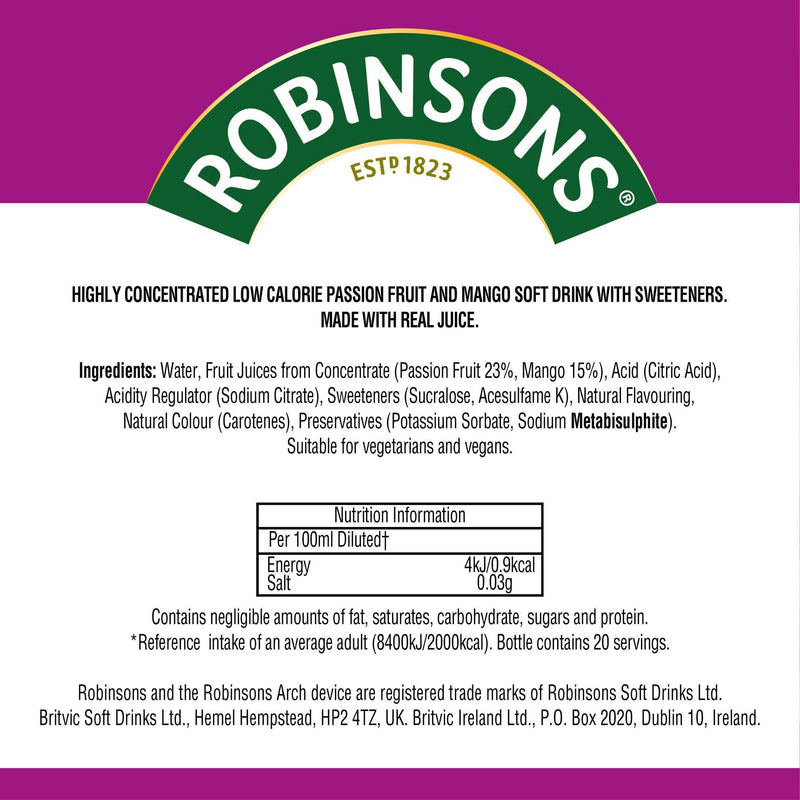 Robinsons Passion Fruit Mango on-the-go squash 66ml (British brand)