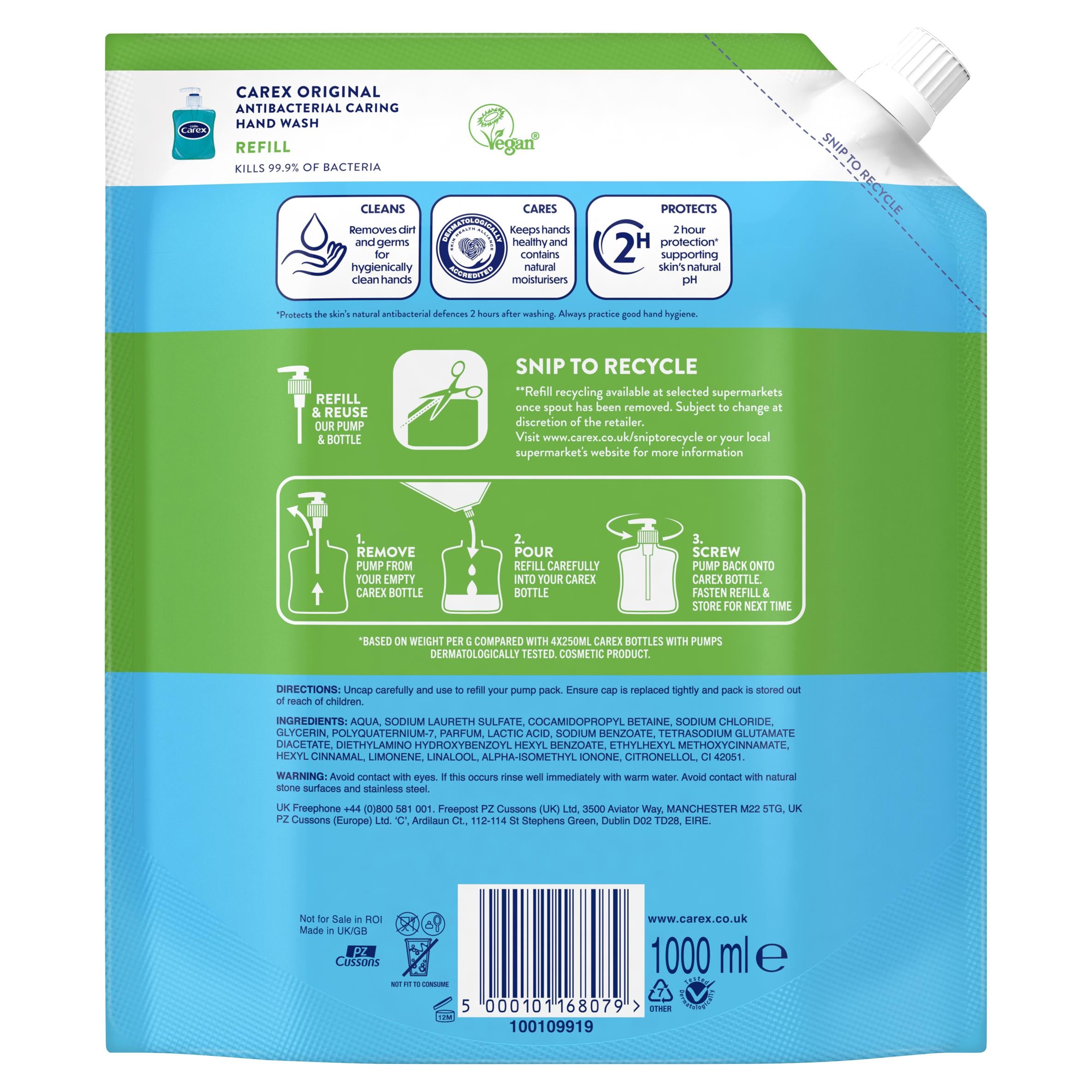 Carex Original hand wash 1L refill pack, UK version
