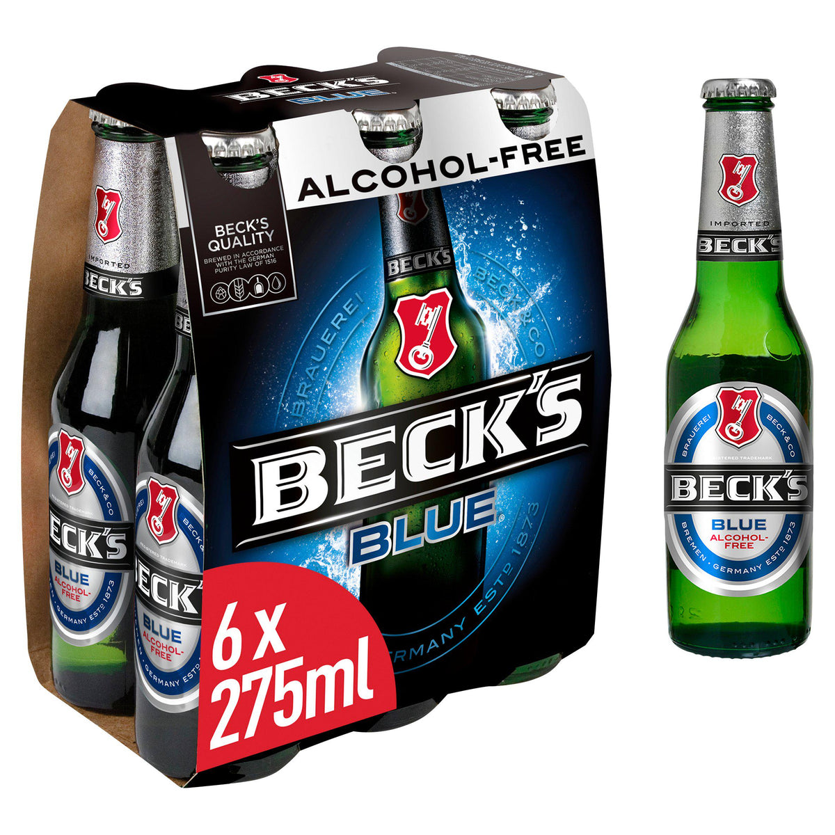Beck's Blue 0.0% alcohol-free beer 275ml bottles x6 - British product