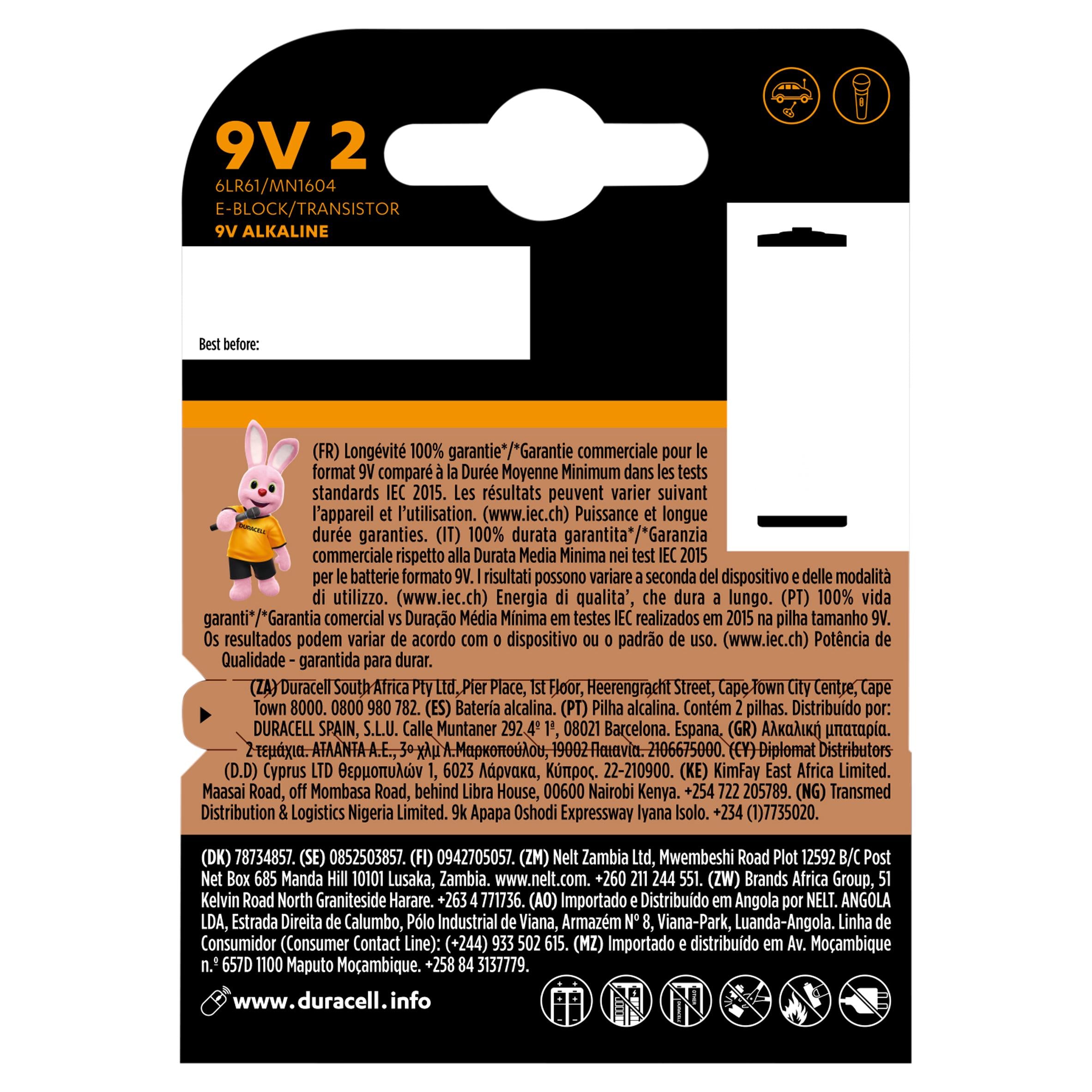 Duracell Plus 9V alkaline batteries pack of 2, UK version