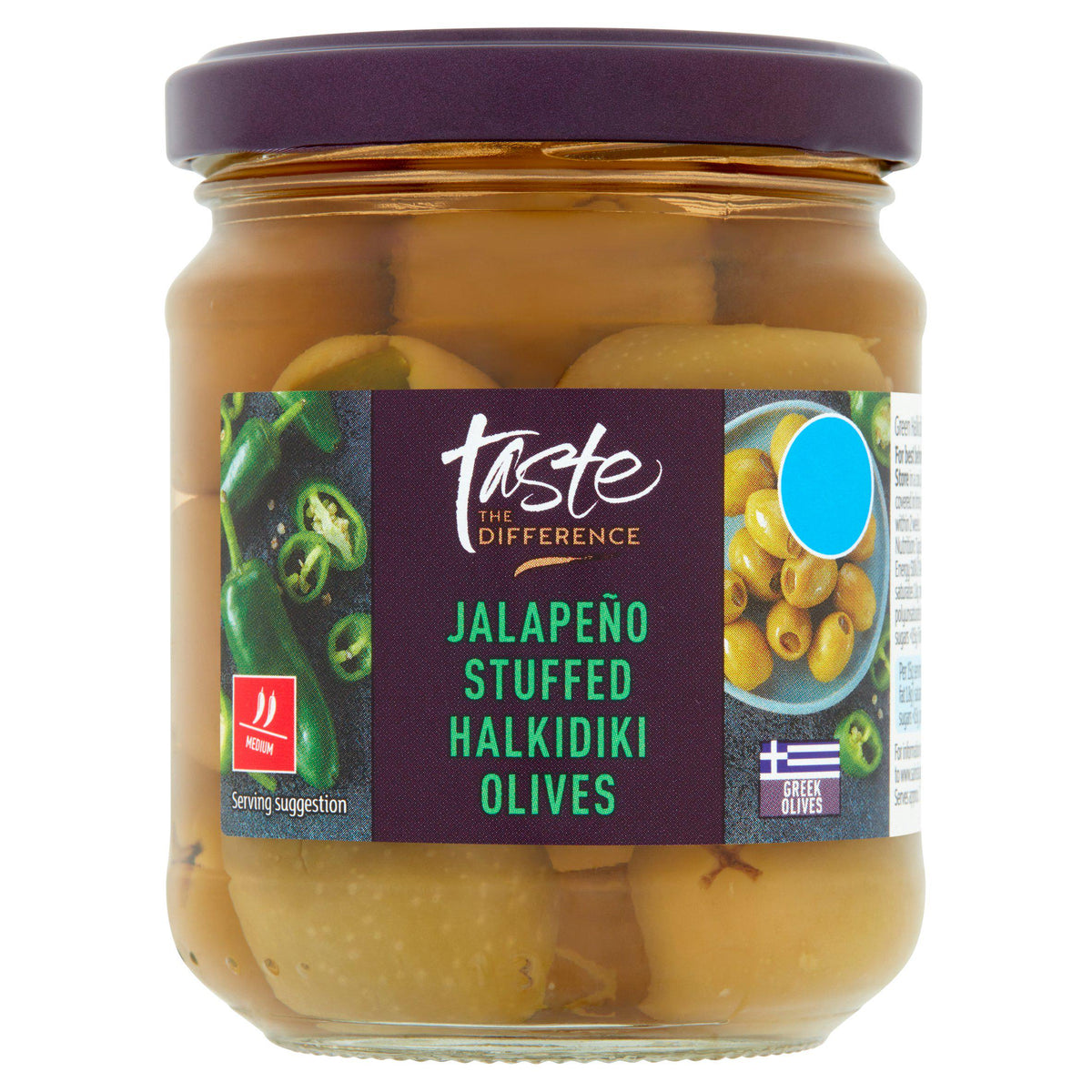 Sainsbury's Taste the Difference jalapeño stuffed Halkidiki olives 190g, UK version