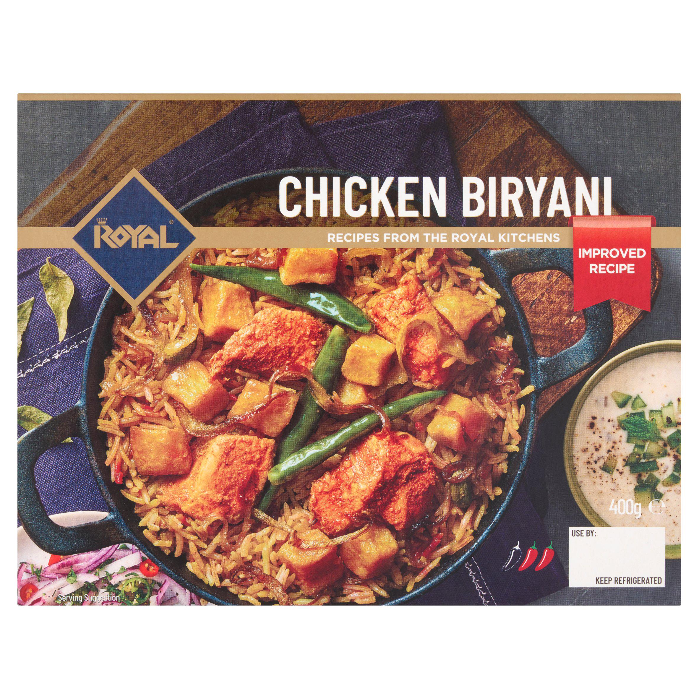 Royal chicken biryani 400g pack, imported from the UK