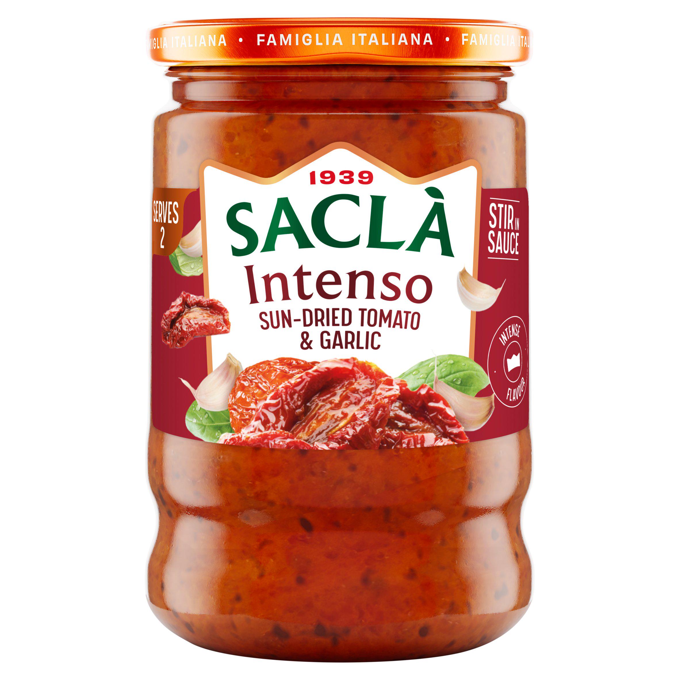 Sacla Intenso tomato and garlic sauce, imported from the UK