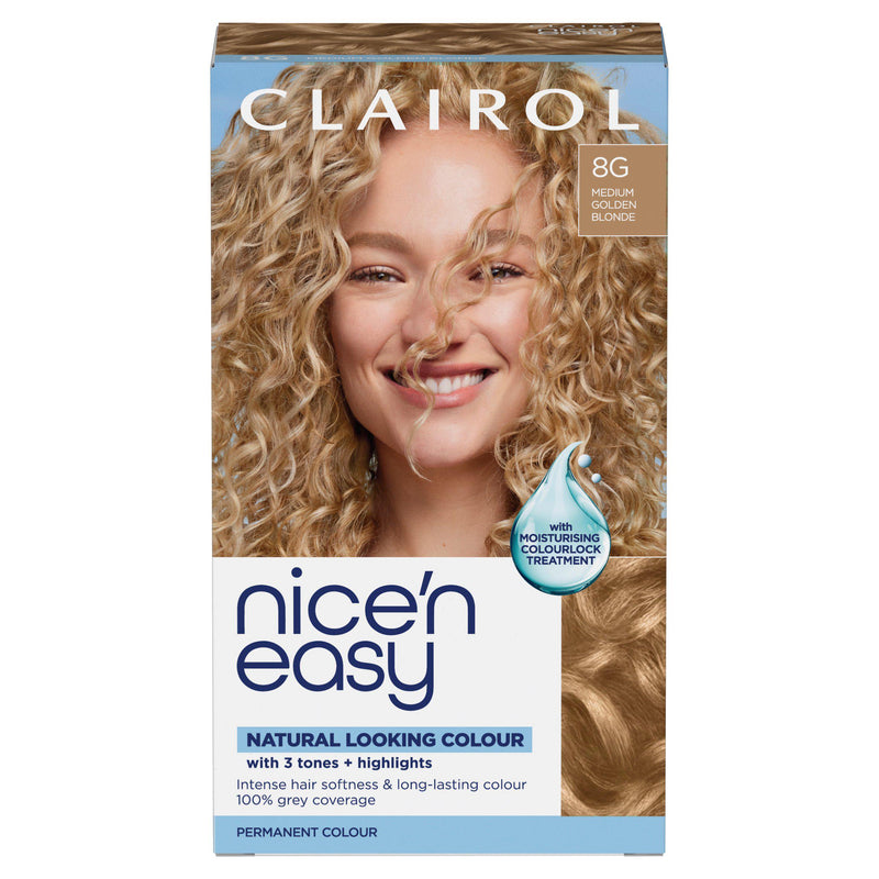 Clairol Nice'N Easy 8G Medium Golden Blonde permanent crème hair dye, imported from the UK