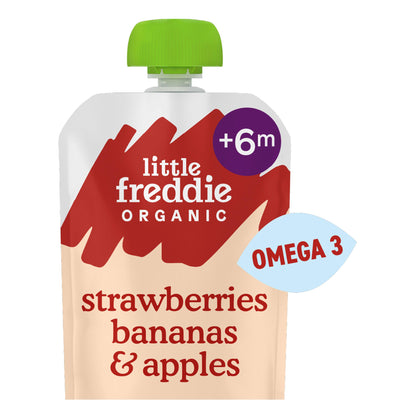 Sainsburys Little Freddie Organic Good for Brains Strawberries, Bananas & Apples Baby Food Pouch with Omega 3 6+ Months 90g- Buy online at McGrocer