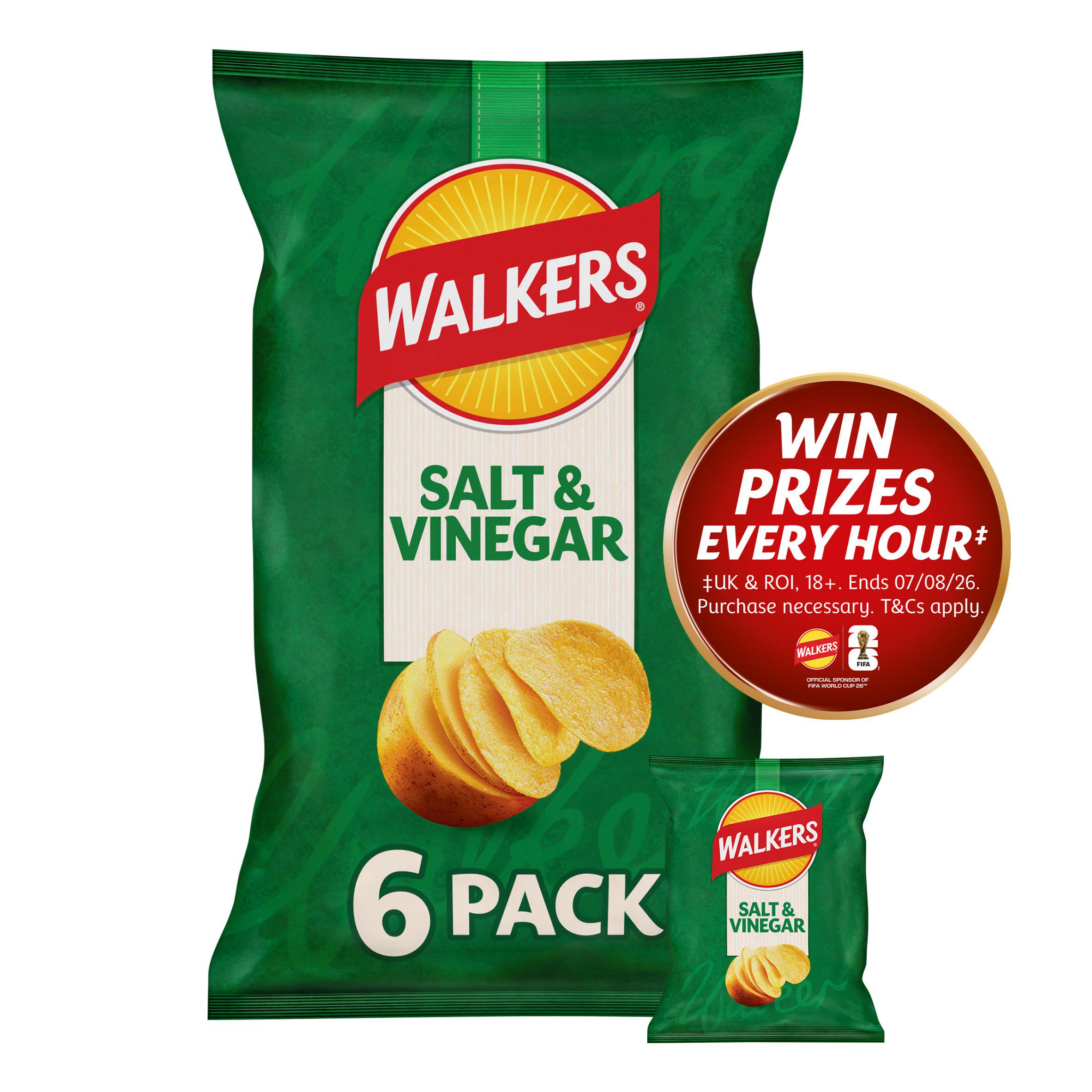 Walkers Salt & Vinegar Multipack Potato Crisps 6 x 25g (British brand)