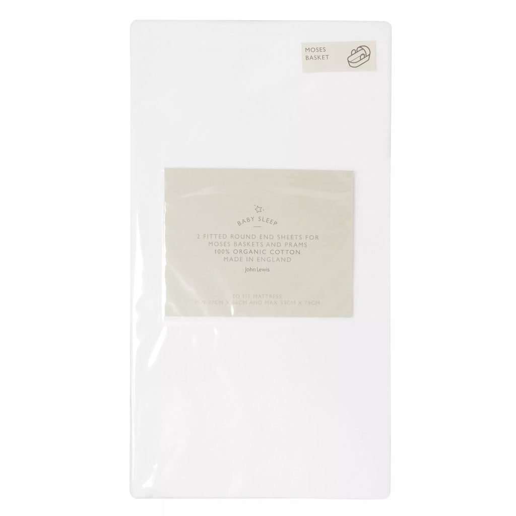 John Lewis GOTS Organic Cotton Fitted Moses Basket Sheet, Pack of 2, 33 x 76cm